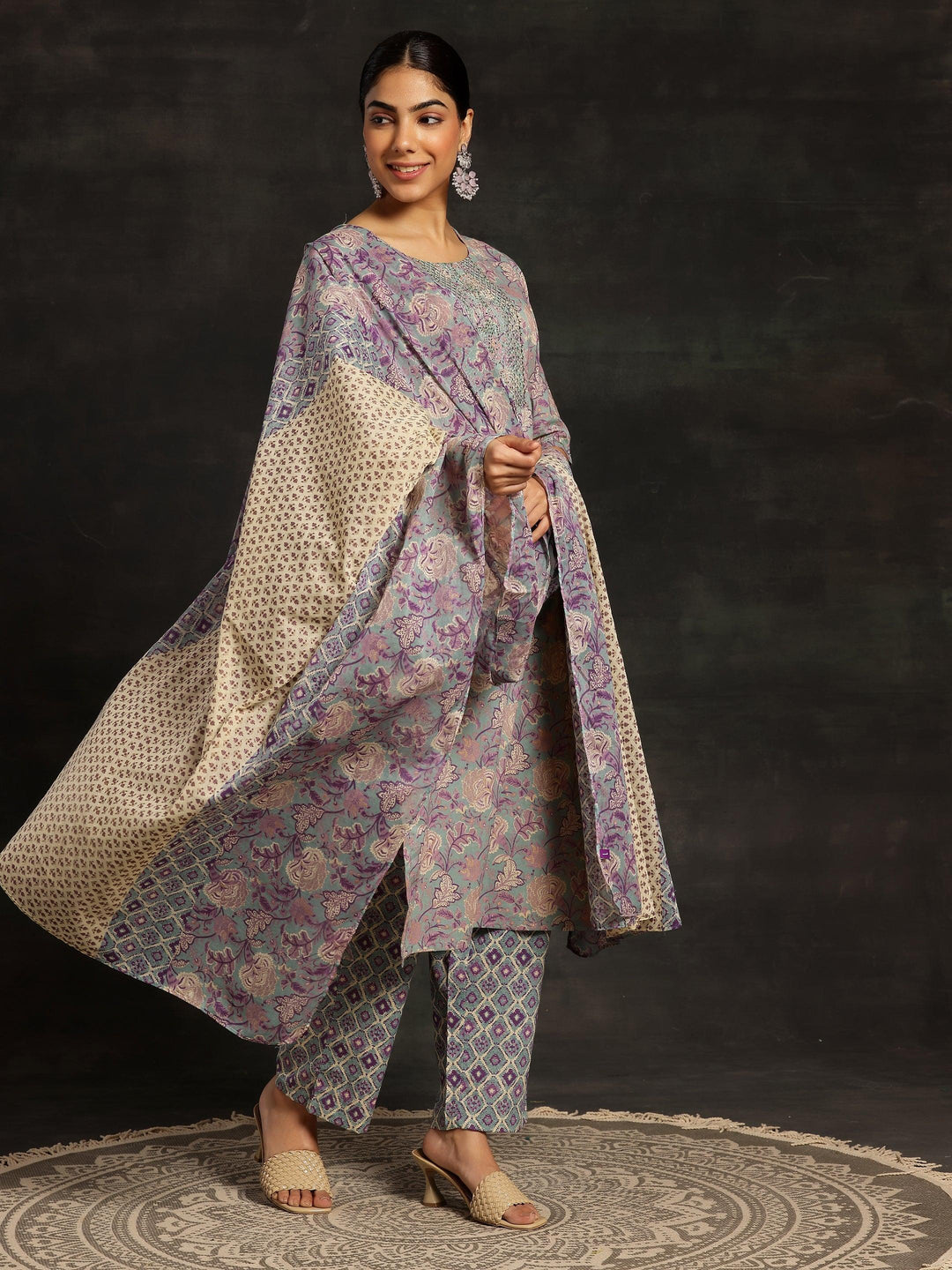 Powder Blue Printed Cotton Straight Kurta With Palazzos & Dupatta - ShopLibas