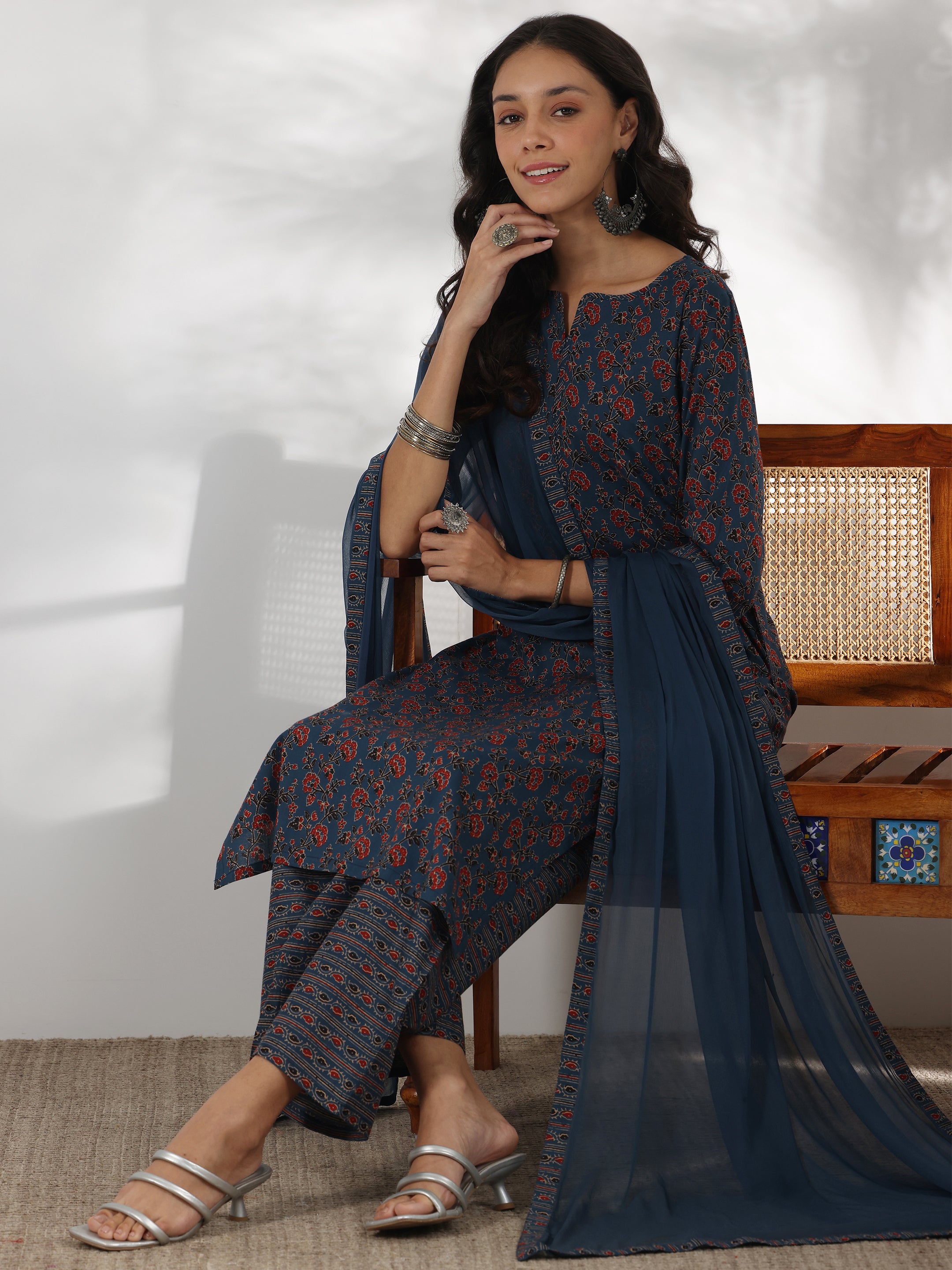 Blue Printed Cotton Straight Suit With Dupatta