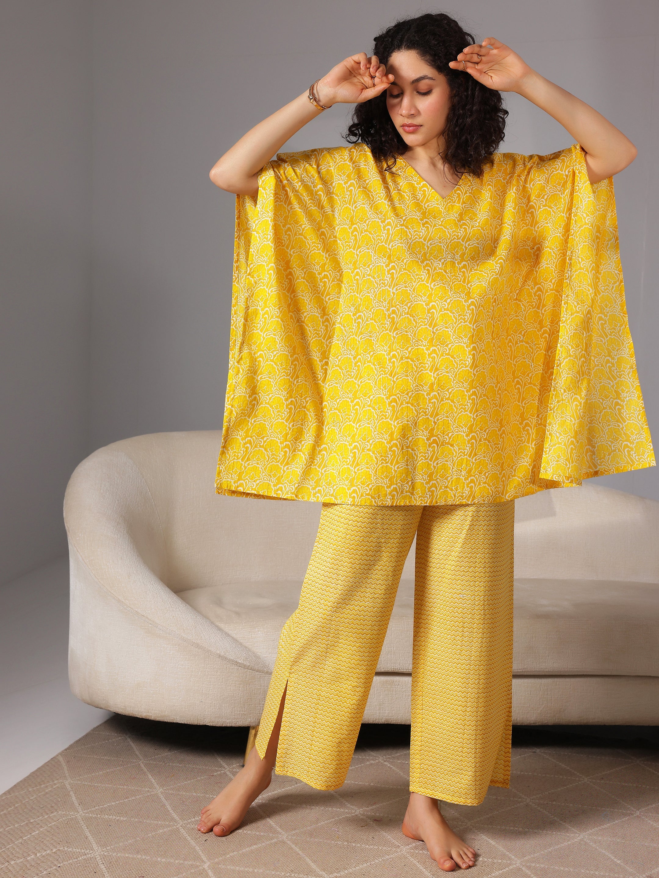 Yellow Printed Cotton Night Suits