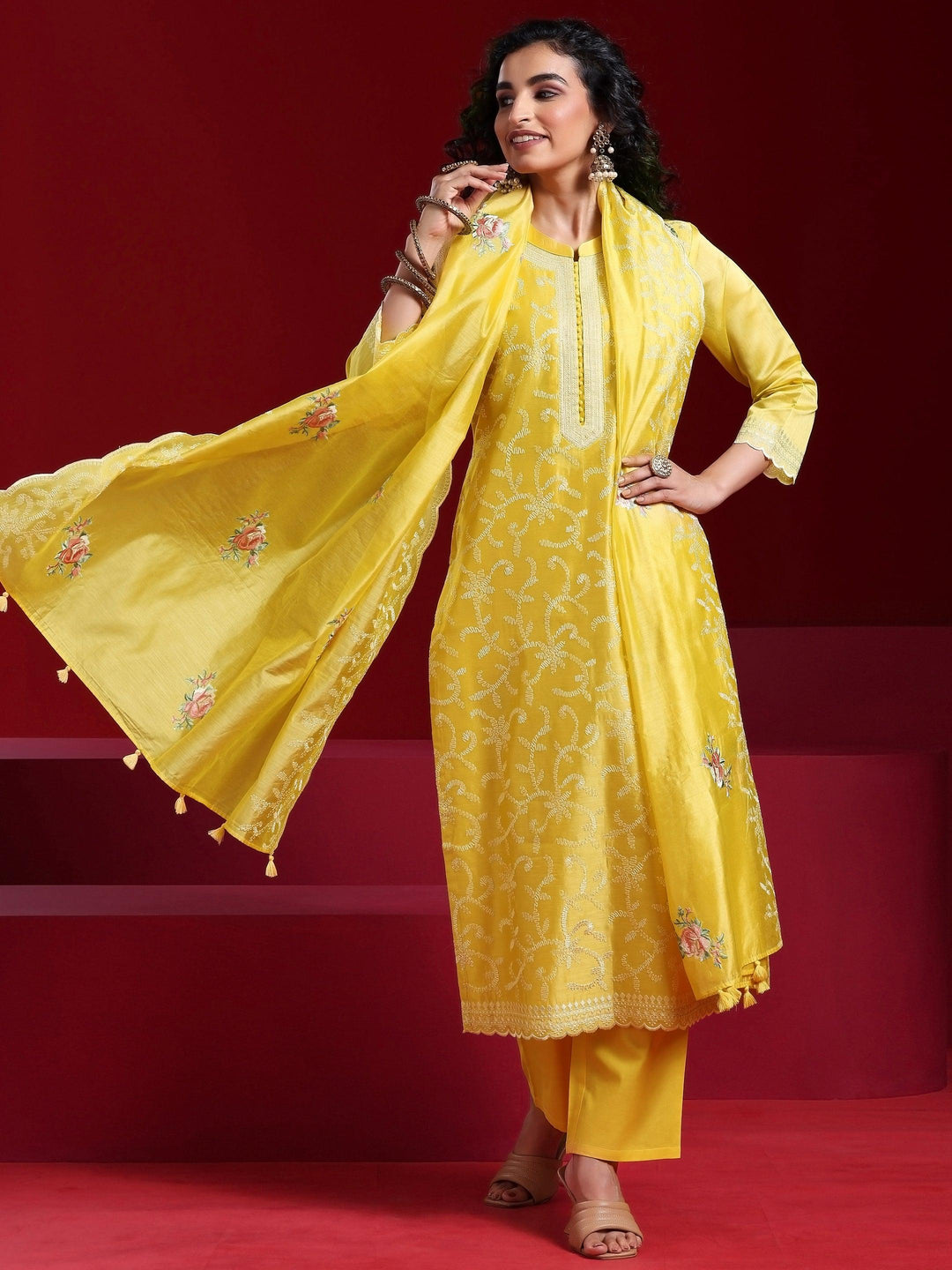 Libas Art Yellow Embroidered Chanderi Silk Straight Suit With Dupatta