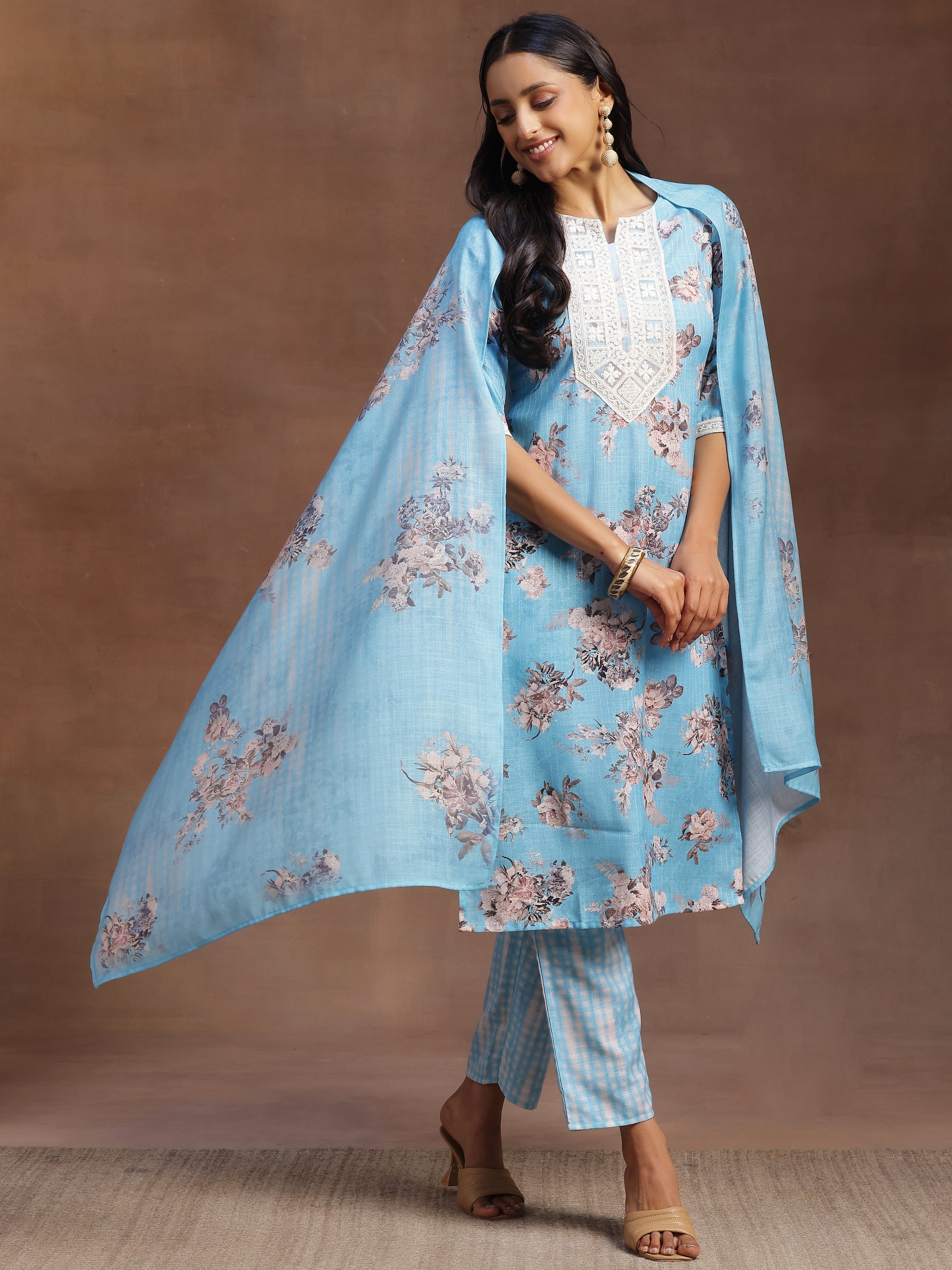 Blue Printed Cotton Straight Suit With Dupatta