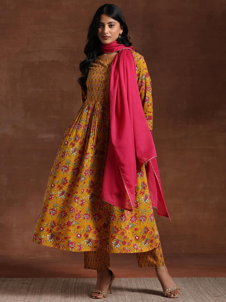 Yellow Printed Pure Cotton Anarkali Suit With Dupatta