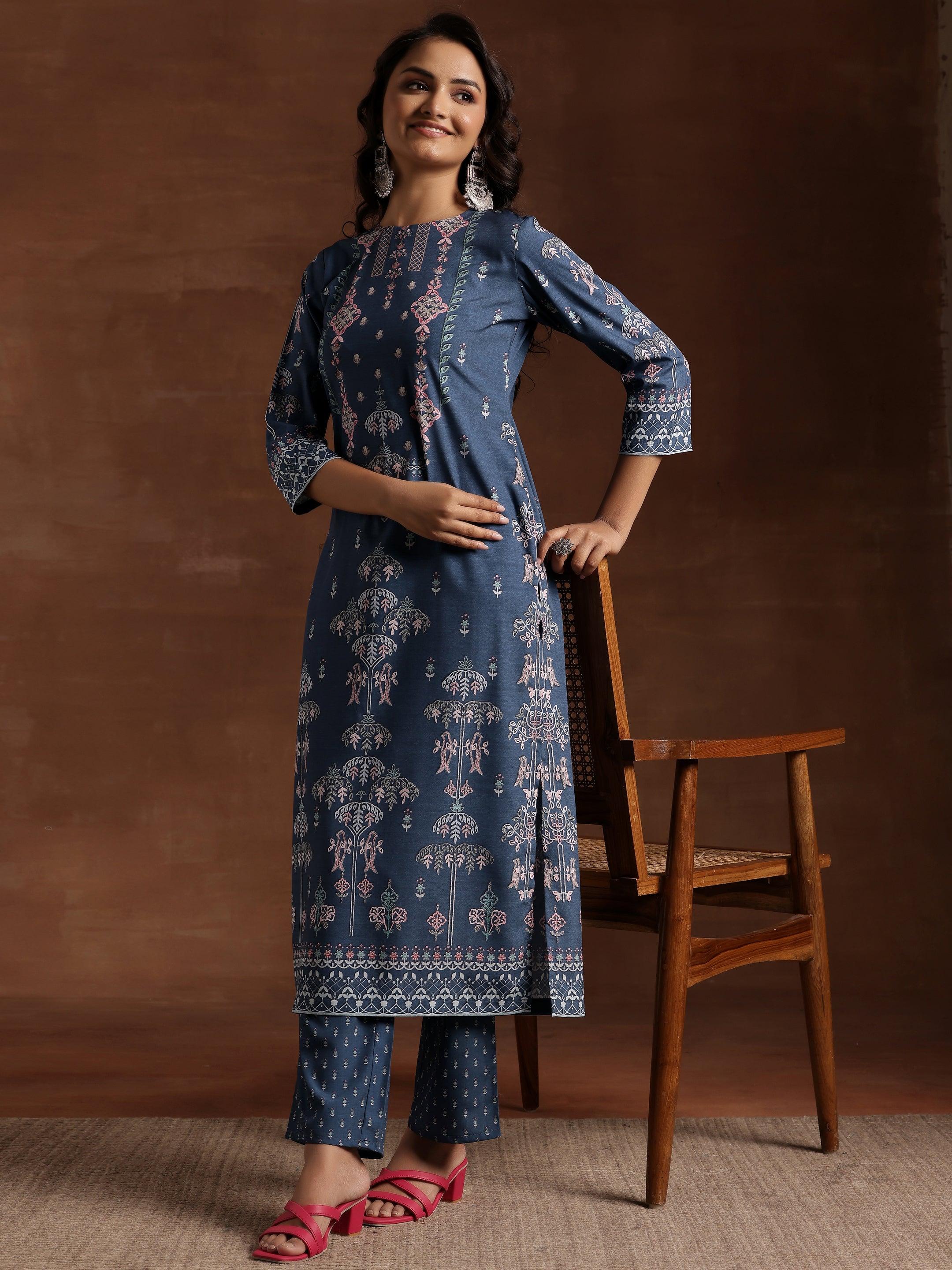 Grey Printed Crepe Straight Kurta Set