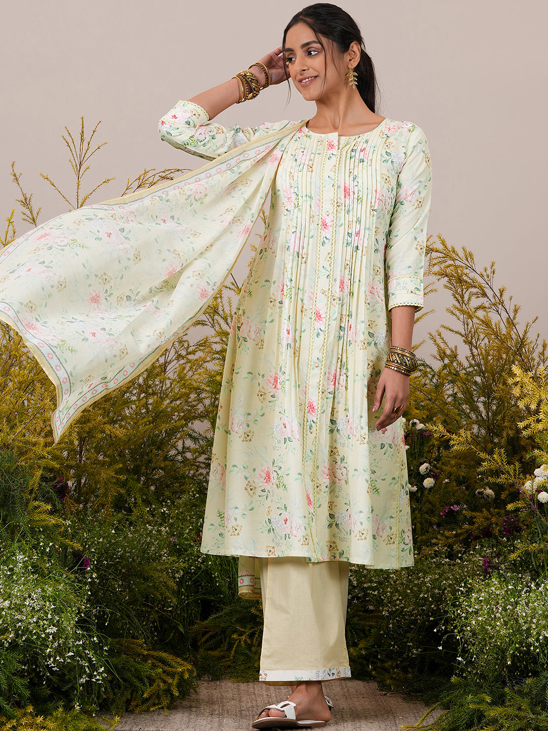 Yellow Printed Cotton Blend A-Line Kurta With Palazzos & Dupatta