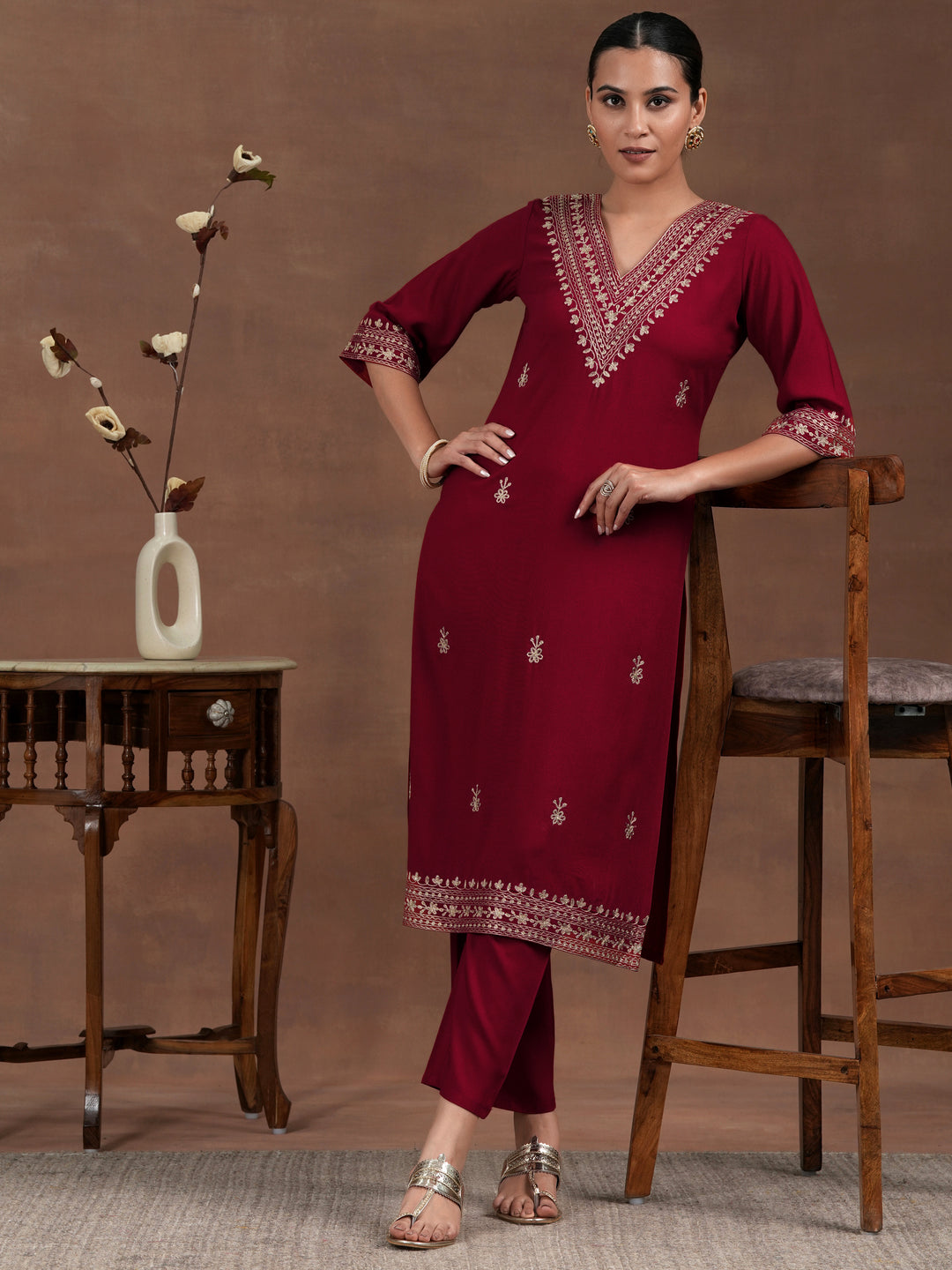 Red Embroidered Rayon Straight Kurta Set