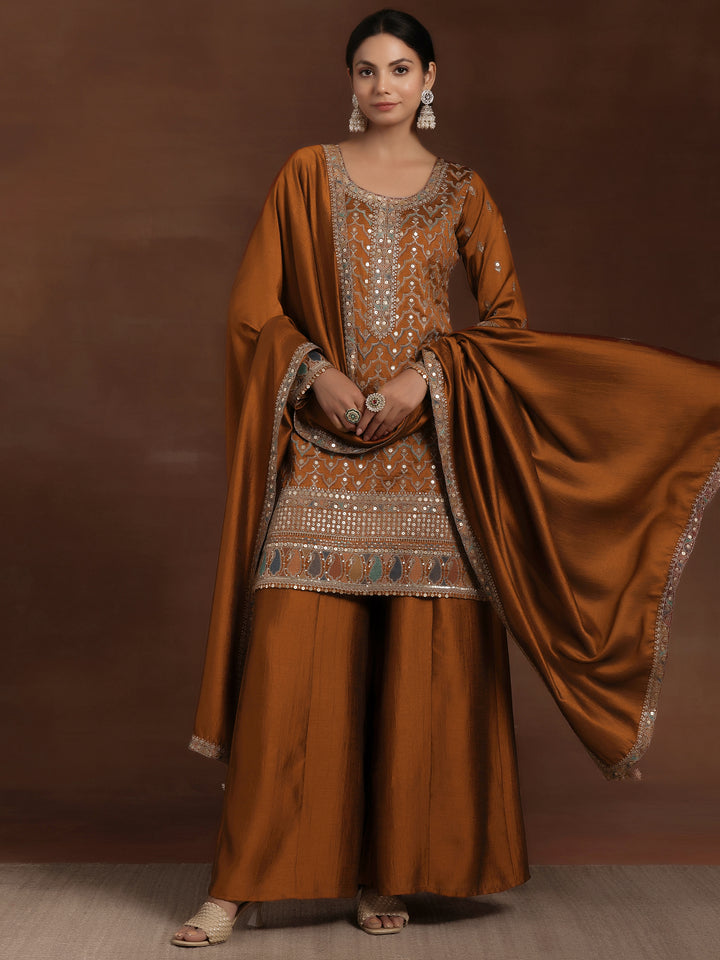 Rust Embroidered Silk Blend Straight Kurta With Palazzos & Dupatta