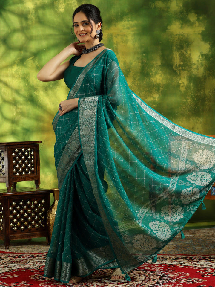 Rama Green Printed Silk Blend Saree With Unstitched Blouse Piece - Libas