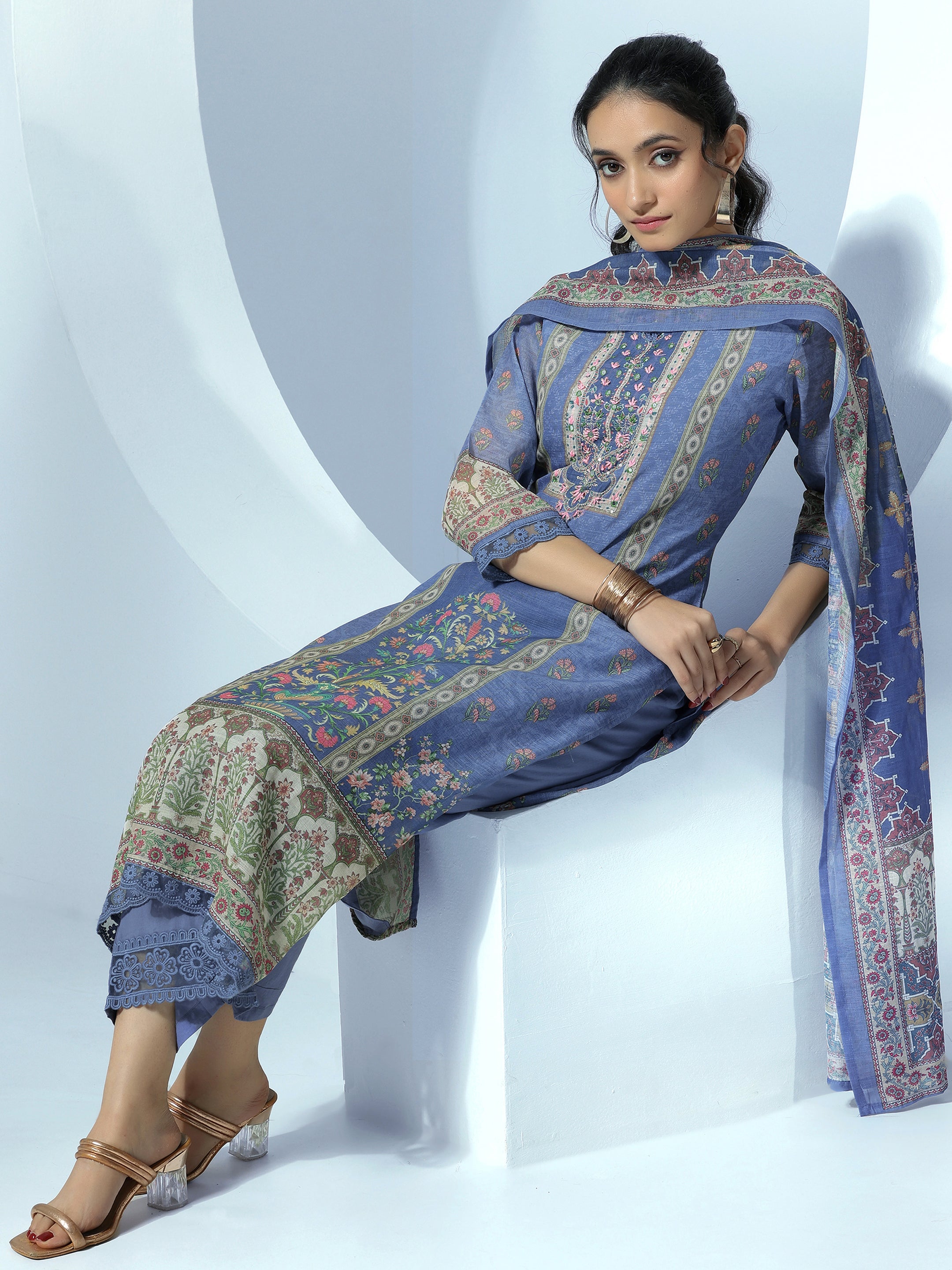 Blue Printed Linen Straight Suit With Dupatta