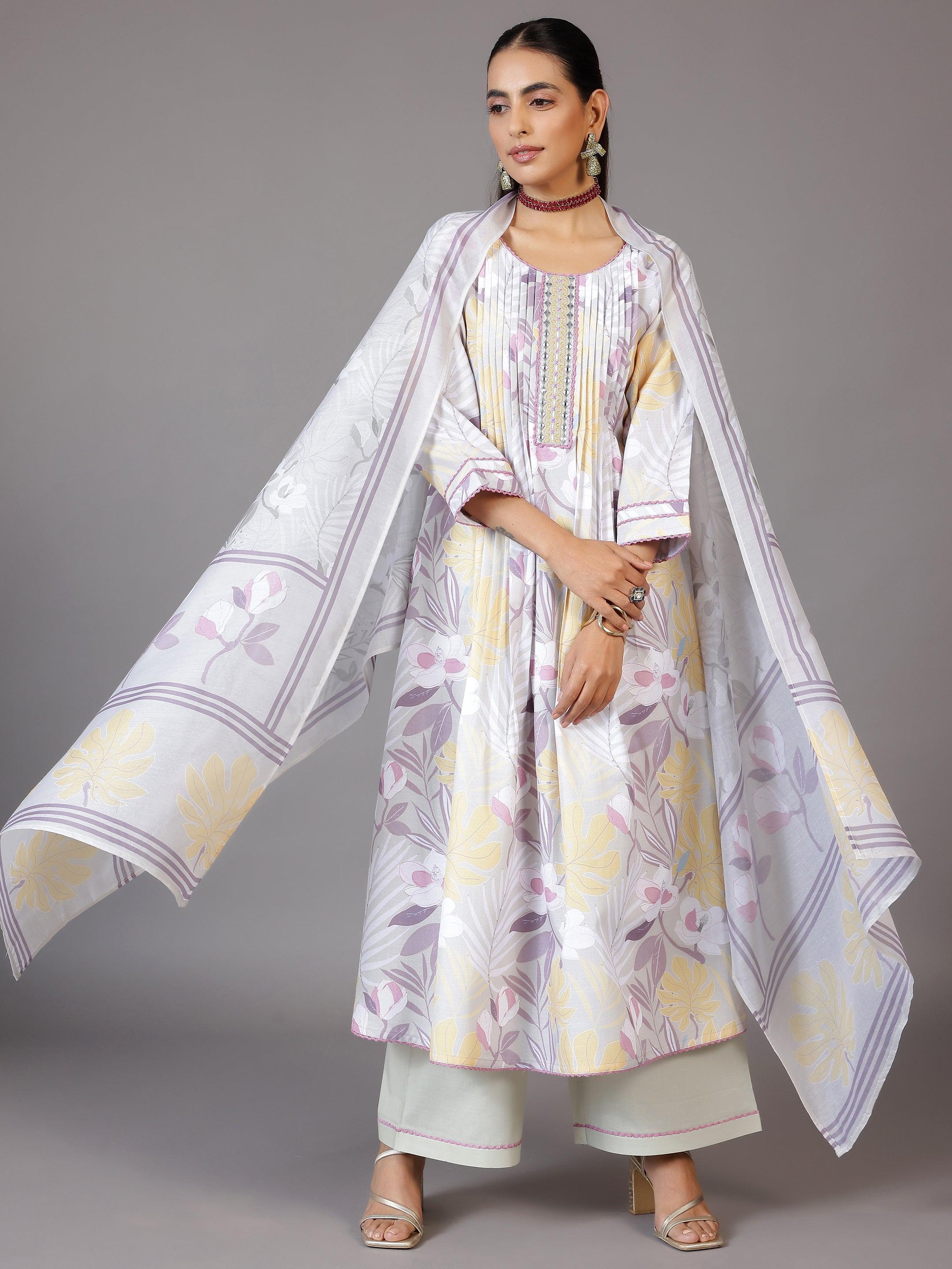 Grey Printed Cotton Blend A-Line Kurta With Palazzos & Dupatta