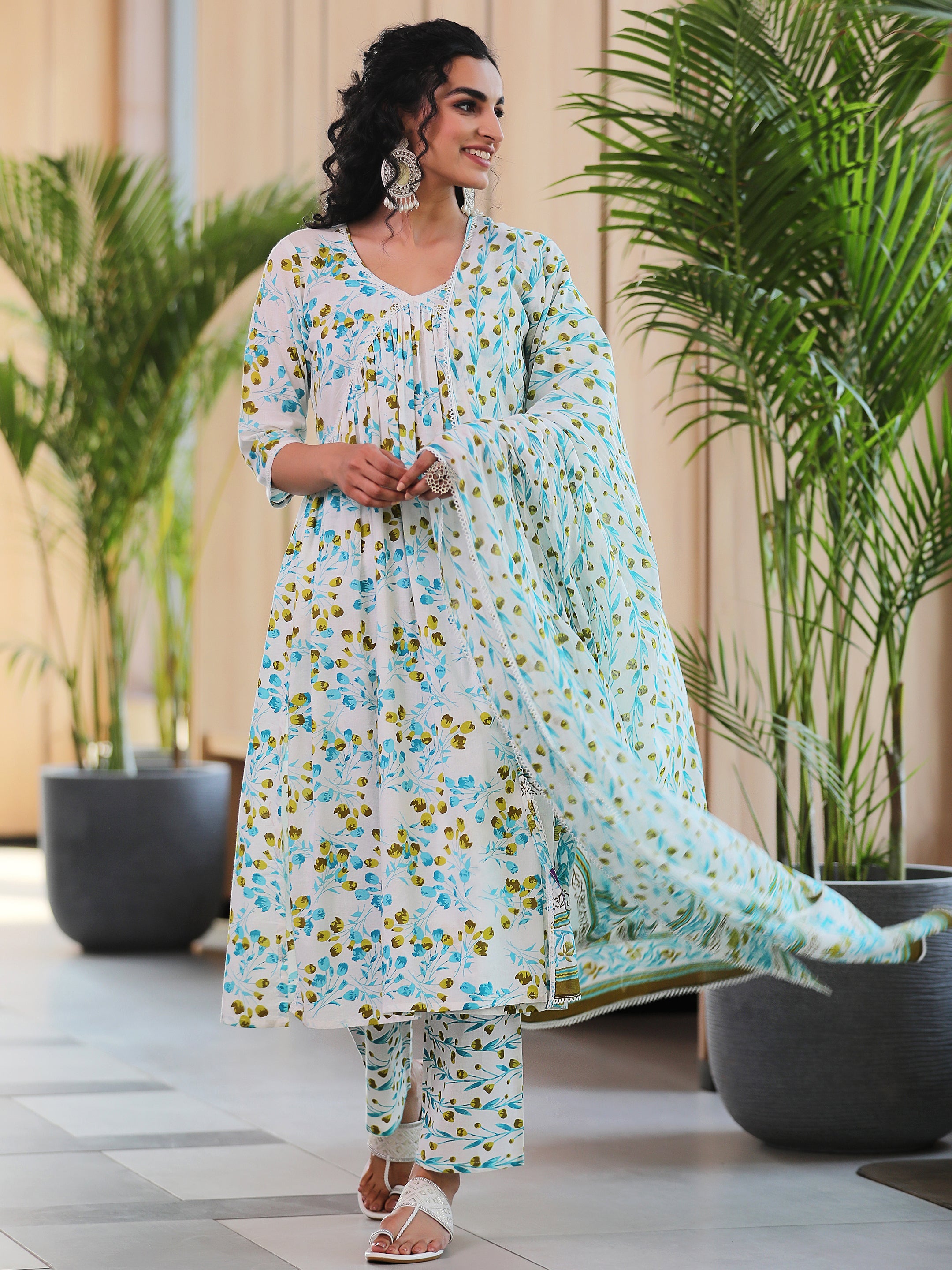 Off White Printed Cotton A-Line Kurta With Palazzos & Dupatta