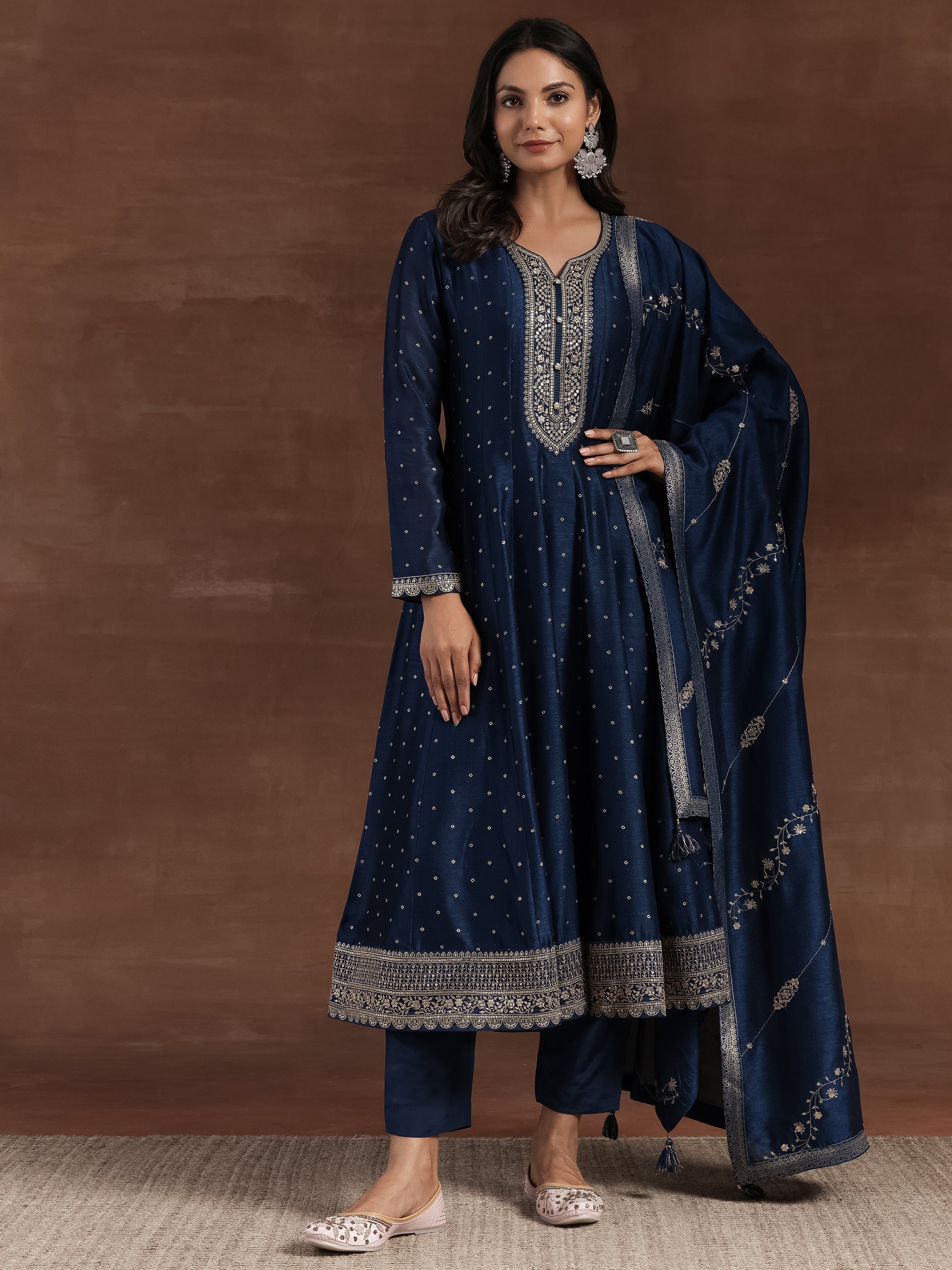 Blue Embroidered Silk Blend A-Line Kurta With Trousers & Dupatta