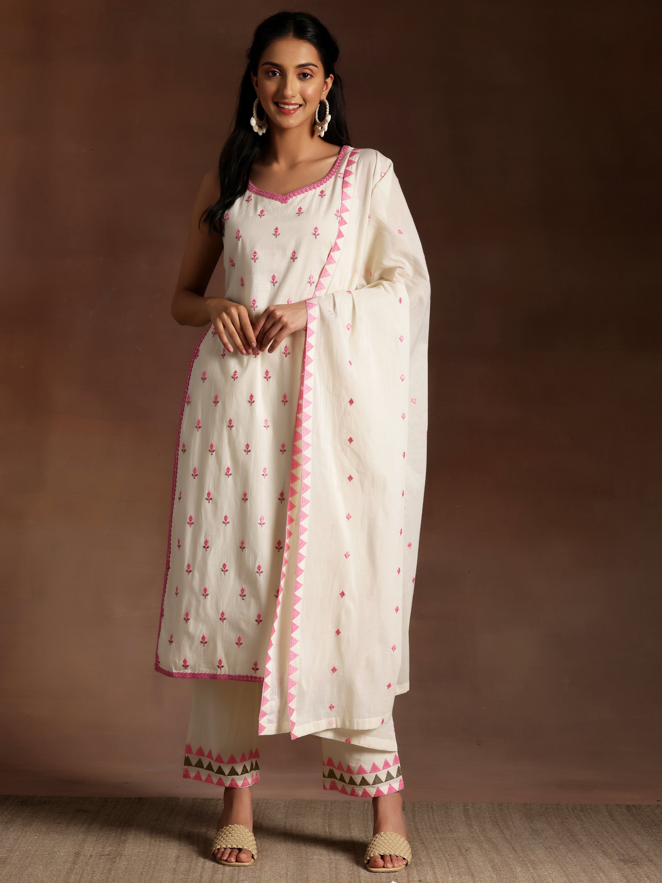 Off White Embroidered Cotton Straight Suit With Dupatta