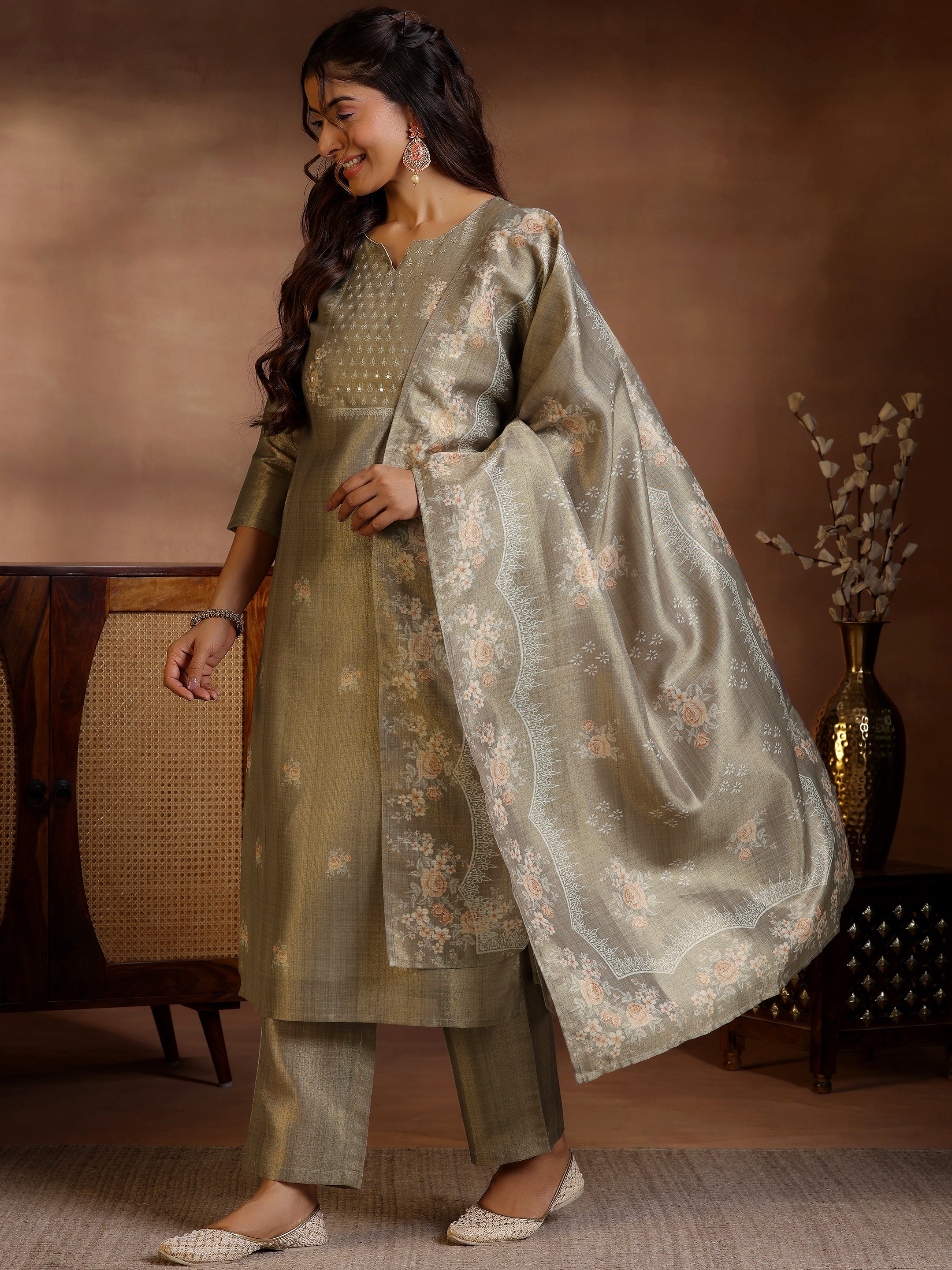 Brown Printed Silk Straight Suit With Dupatta