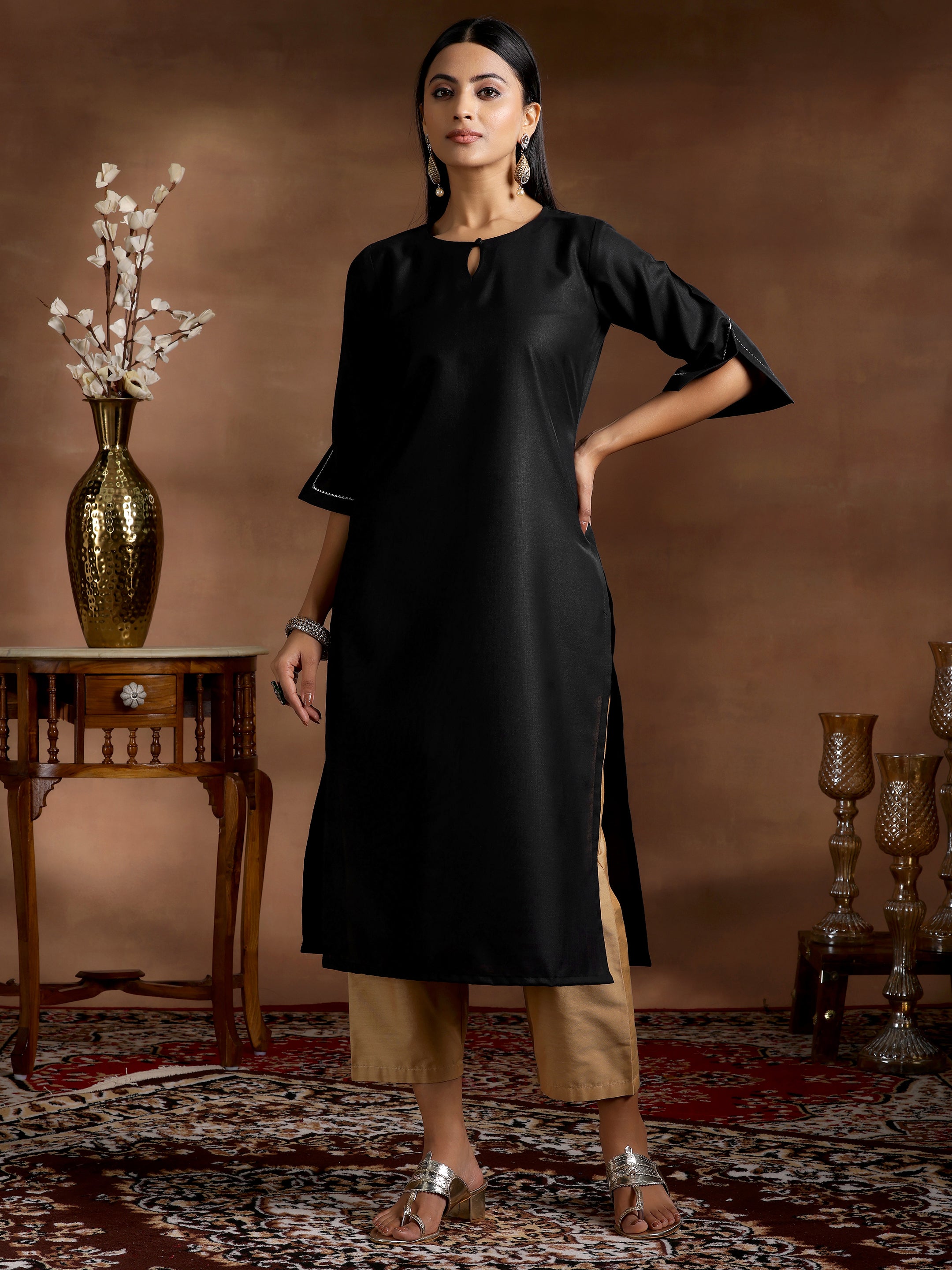 Black Solid Silk Straight Kurta