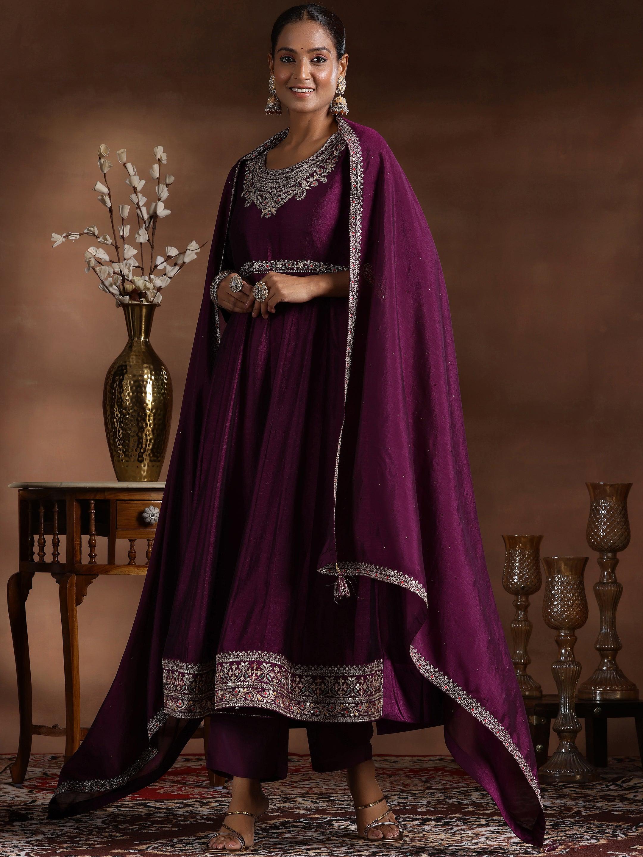 Wine Yoke Design Silk Blend Anarkali Suit With Dupatta