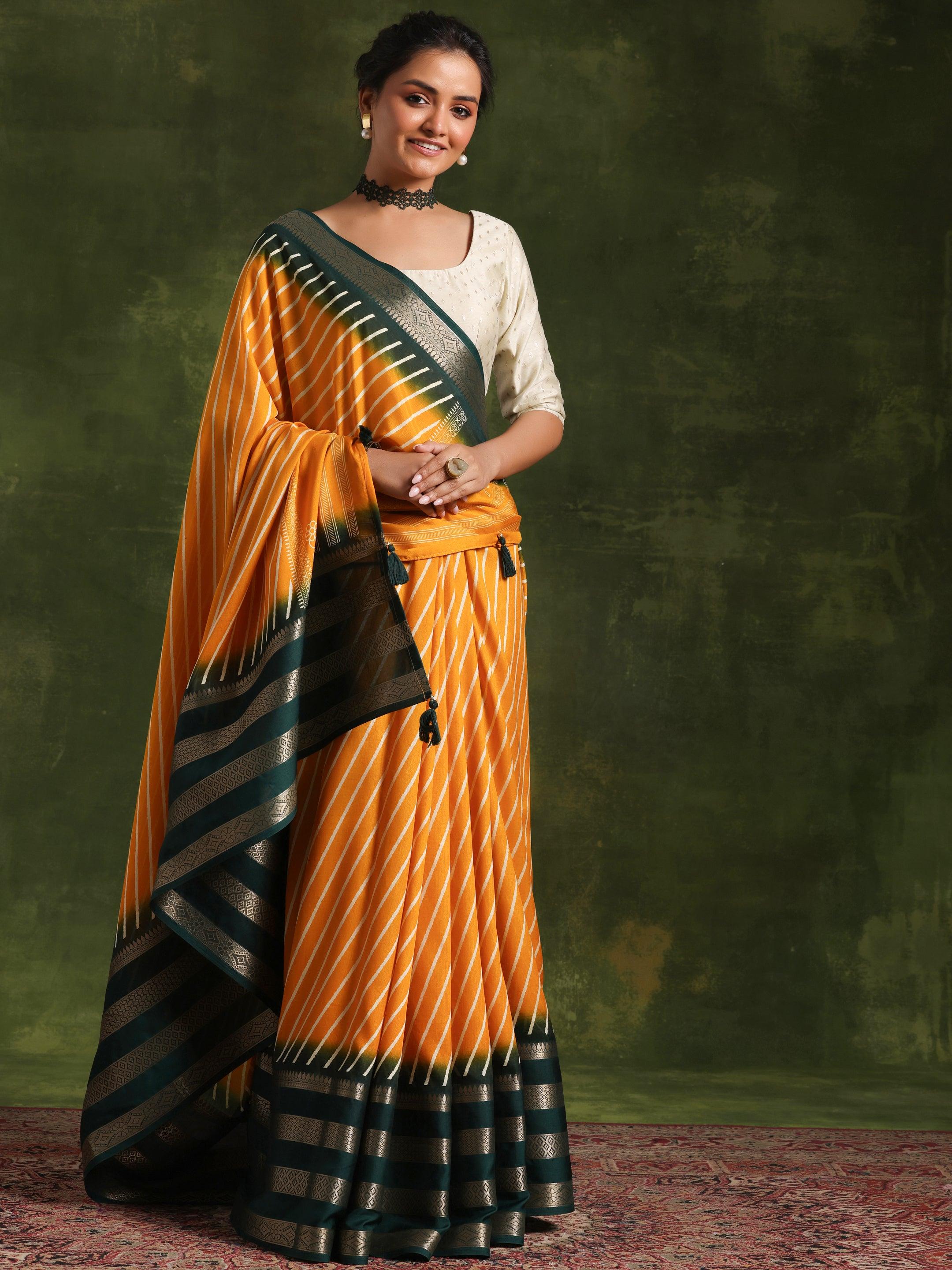 Mustard Printed Silk Blend Saree With Unstitched Blouse Piece