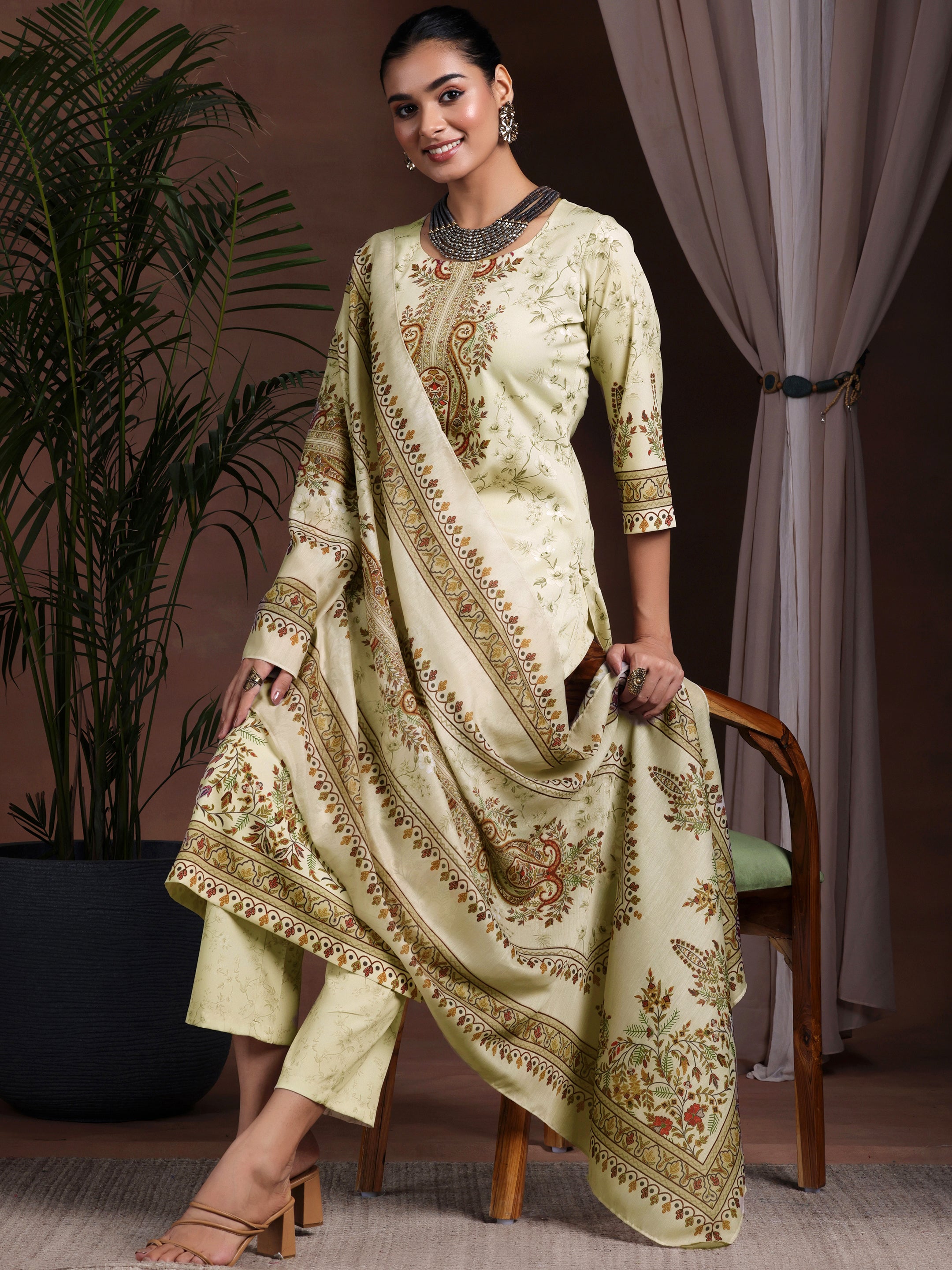 Beige Printed Poly Crepe Straight Suit With Dupatta