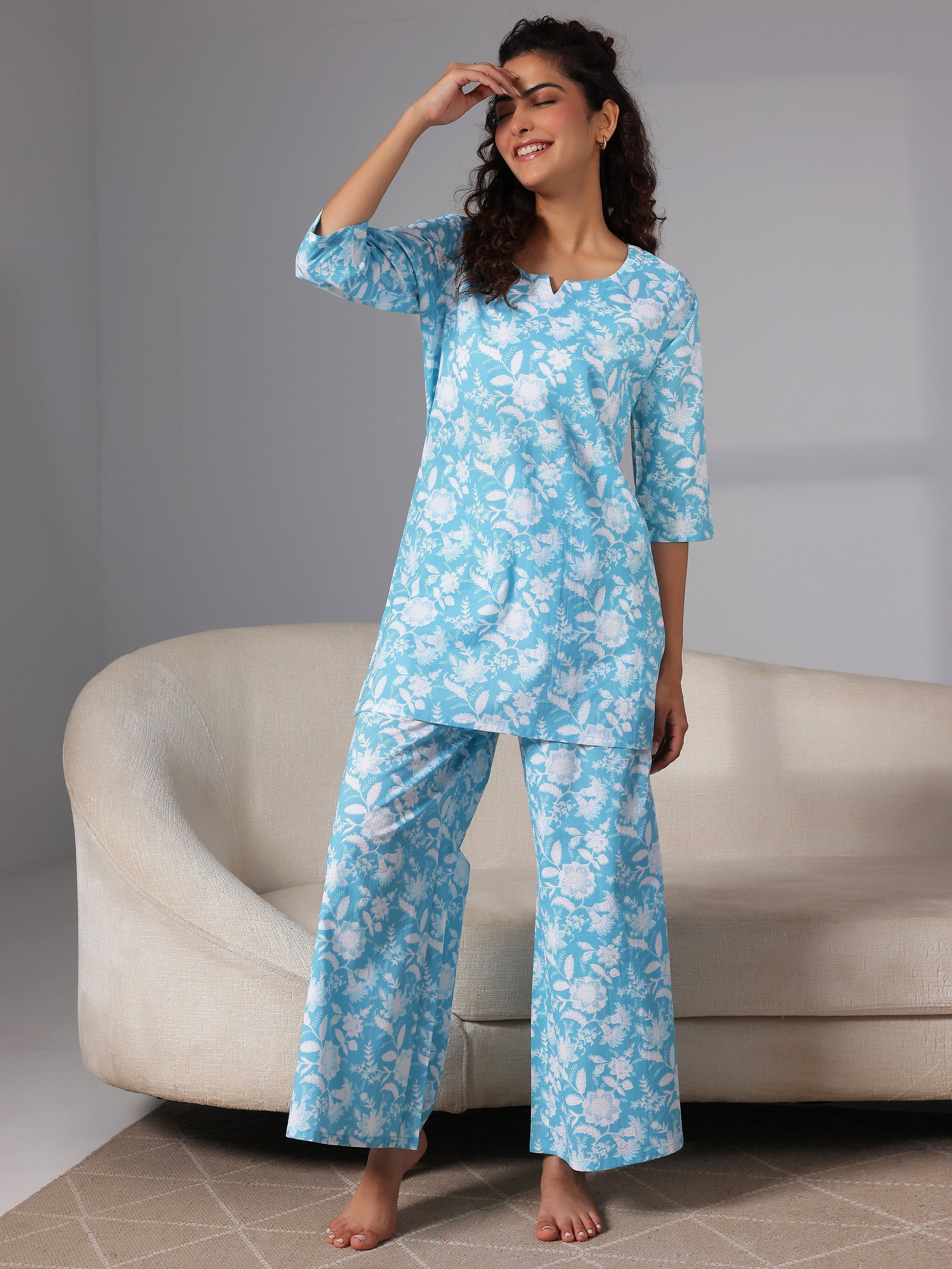 Blue Printed Cotton Night Suits