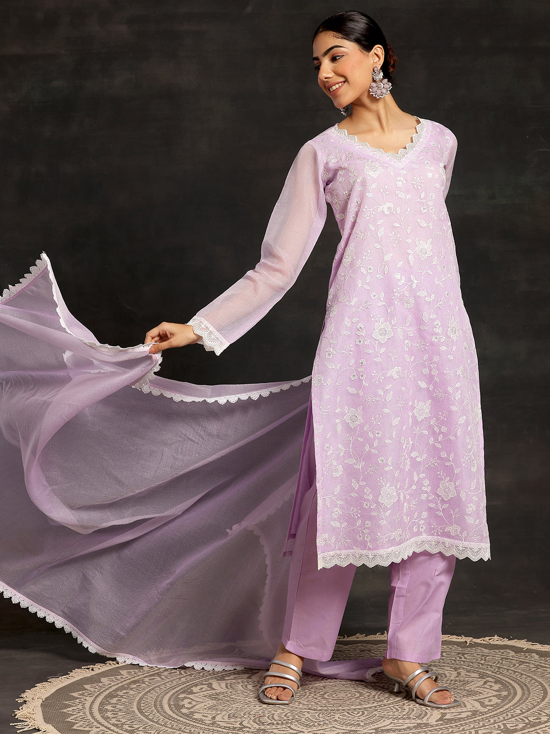 Lavender Embroidered Cotton Straight Suit With Dupatta