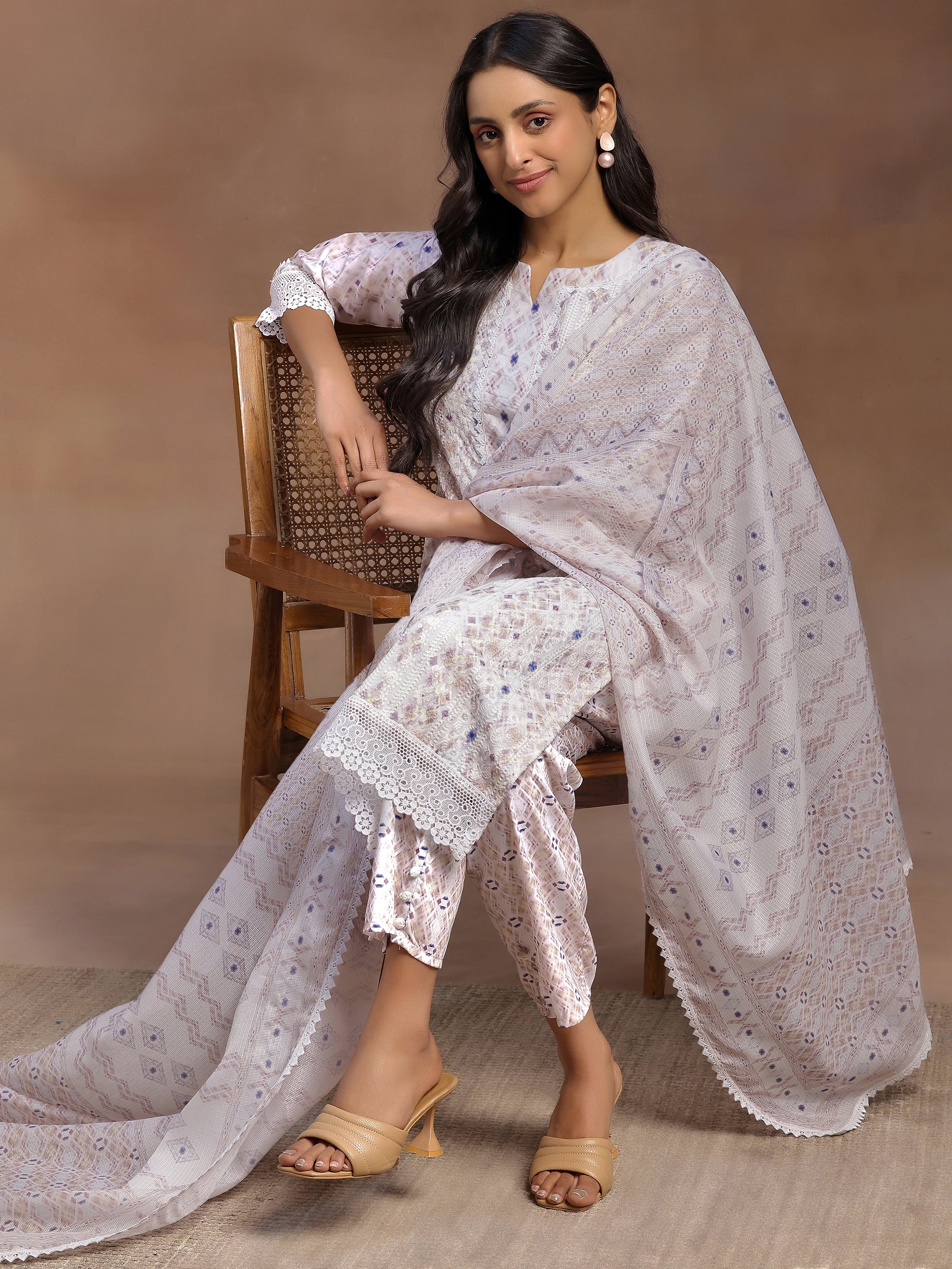 Beige Embroidered Cotton Blend Straight Suit With Dupatta