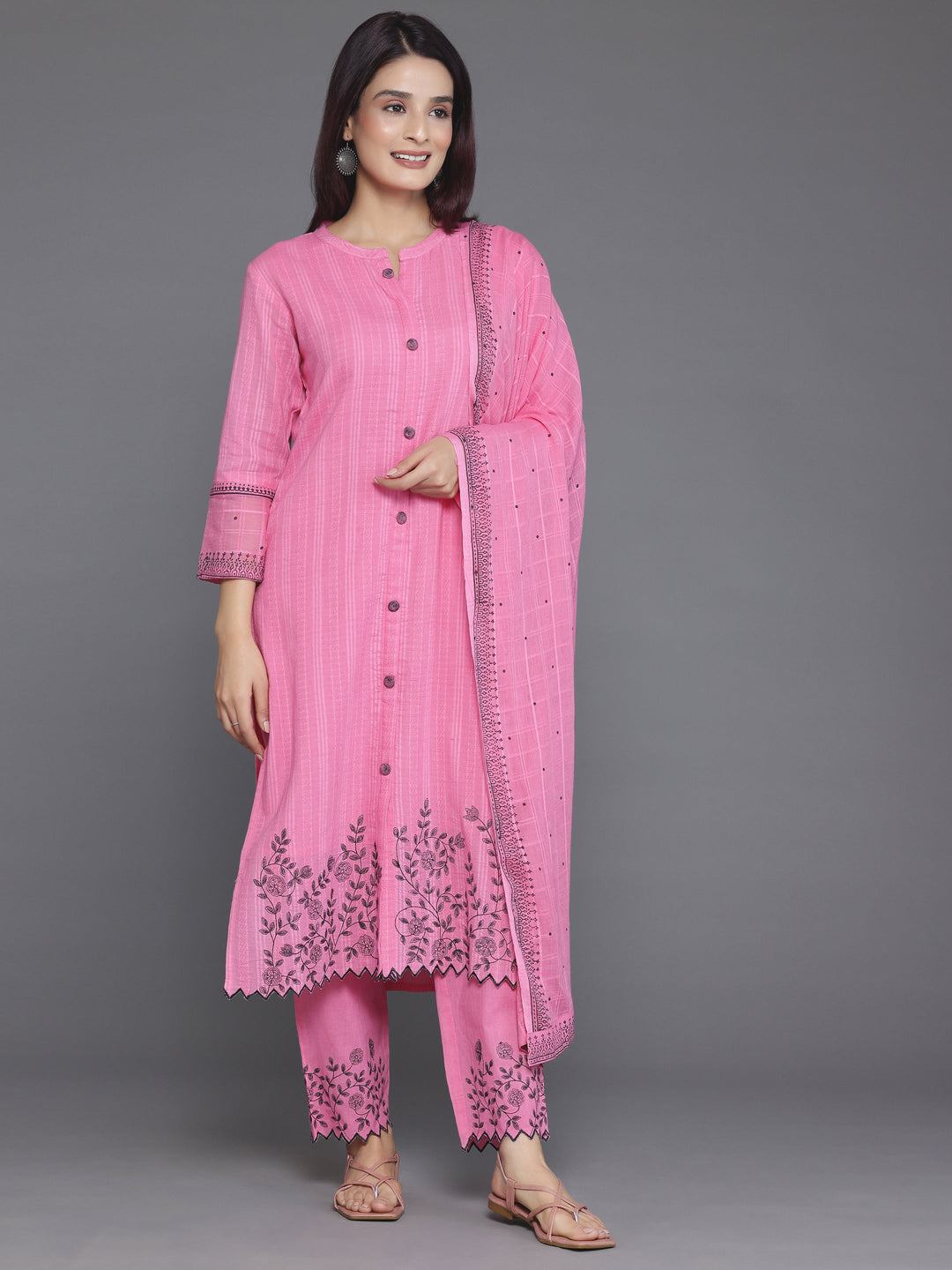 Pink Woven Design Cotton Straight Suit With Dupatta