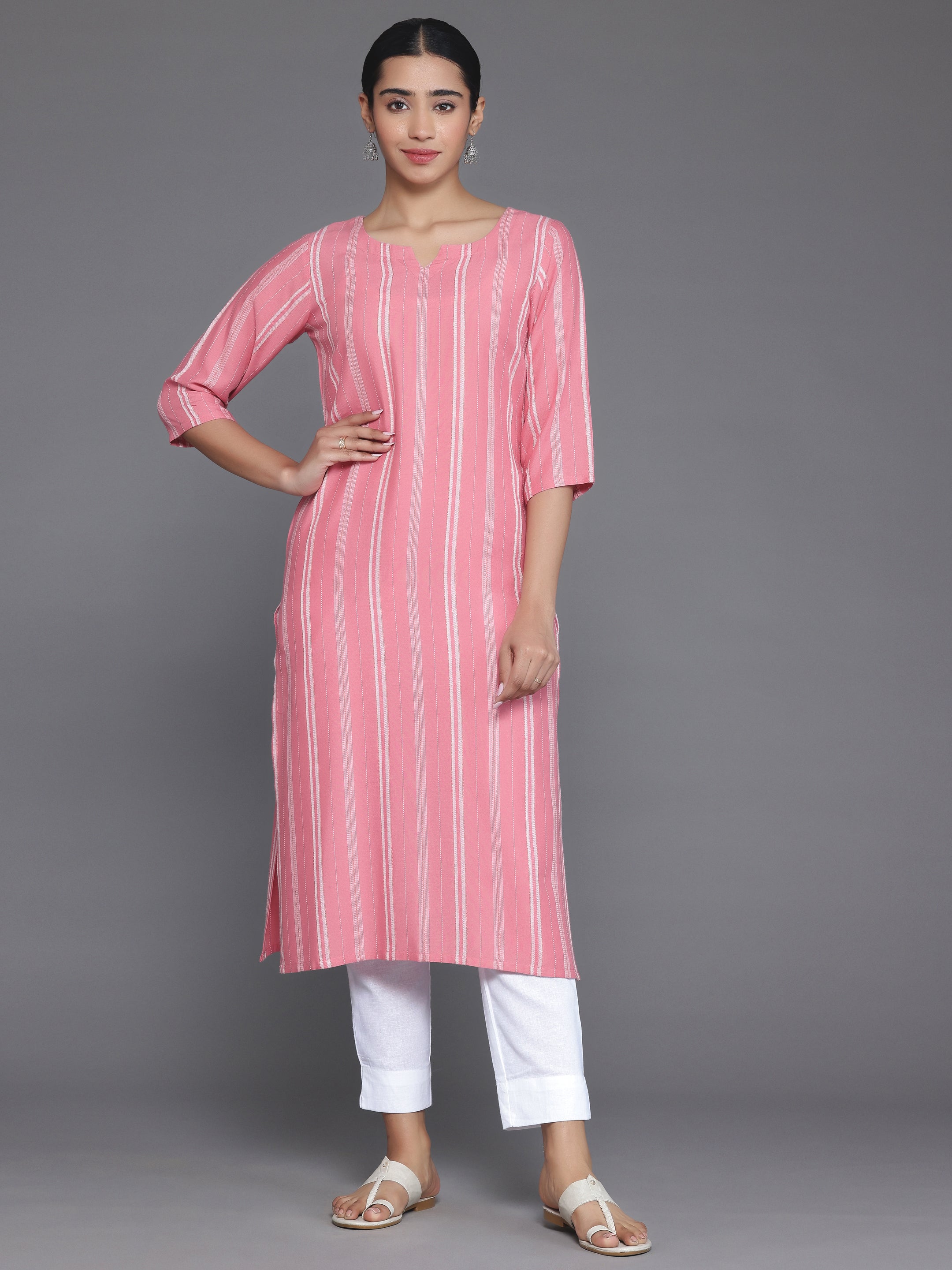 Pink Woven Design Rayon Straight Kurta