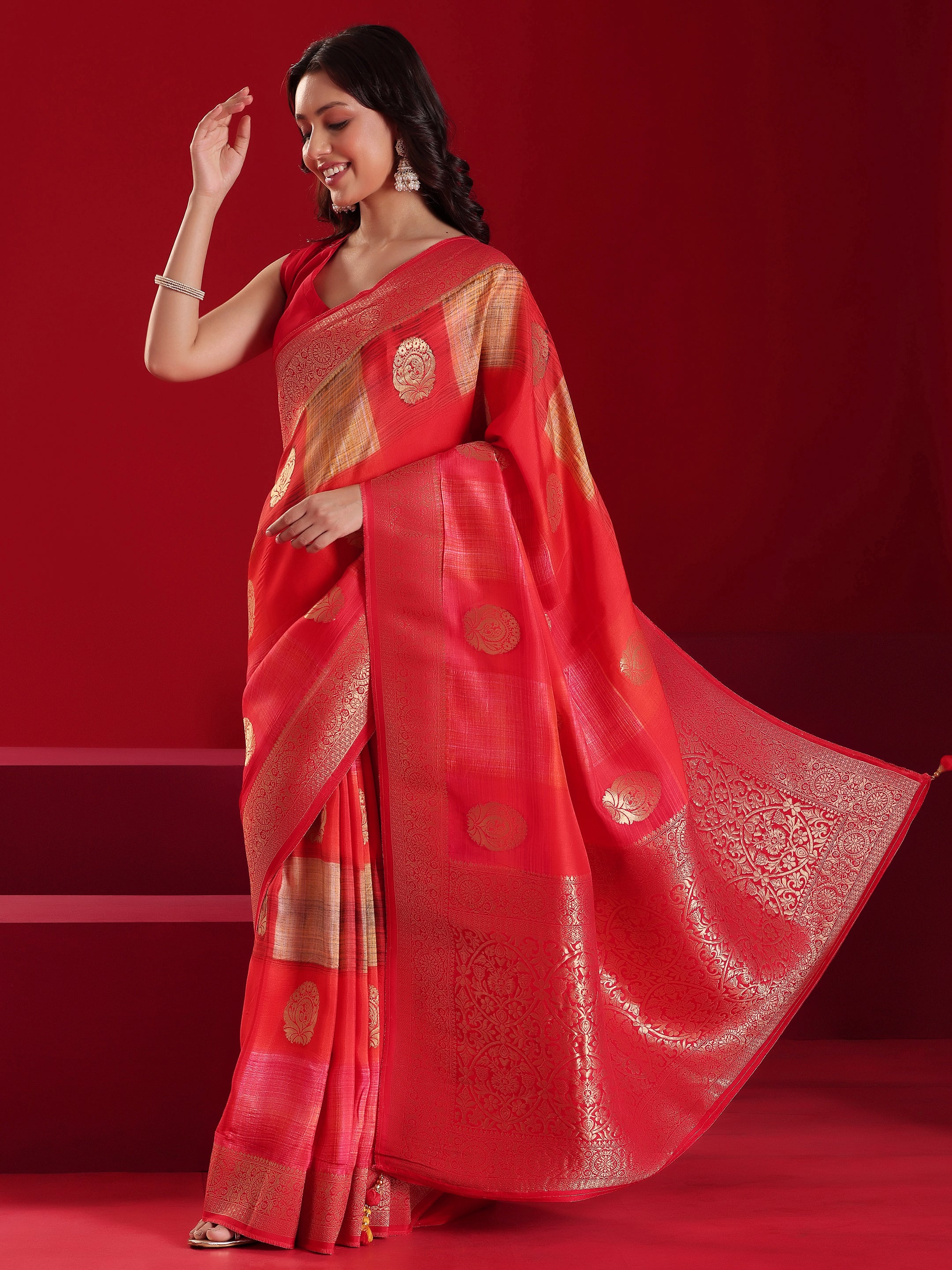 Libas Art Red Orange Woven Design Satin Saree With Unstitched  Blouse Piece