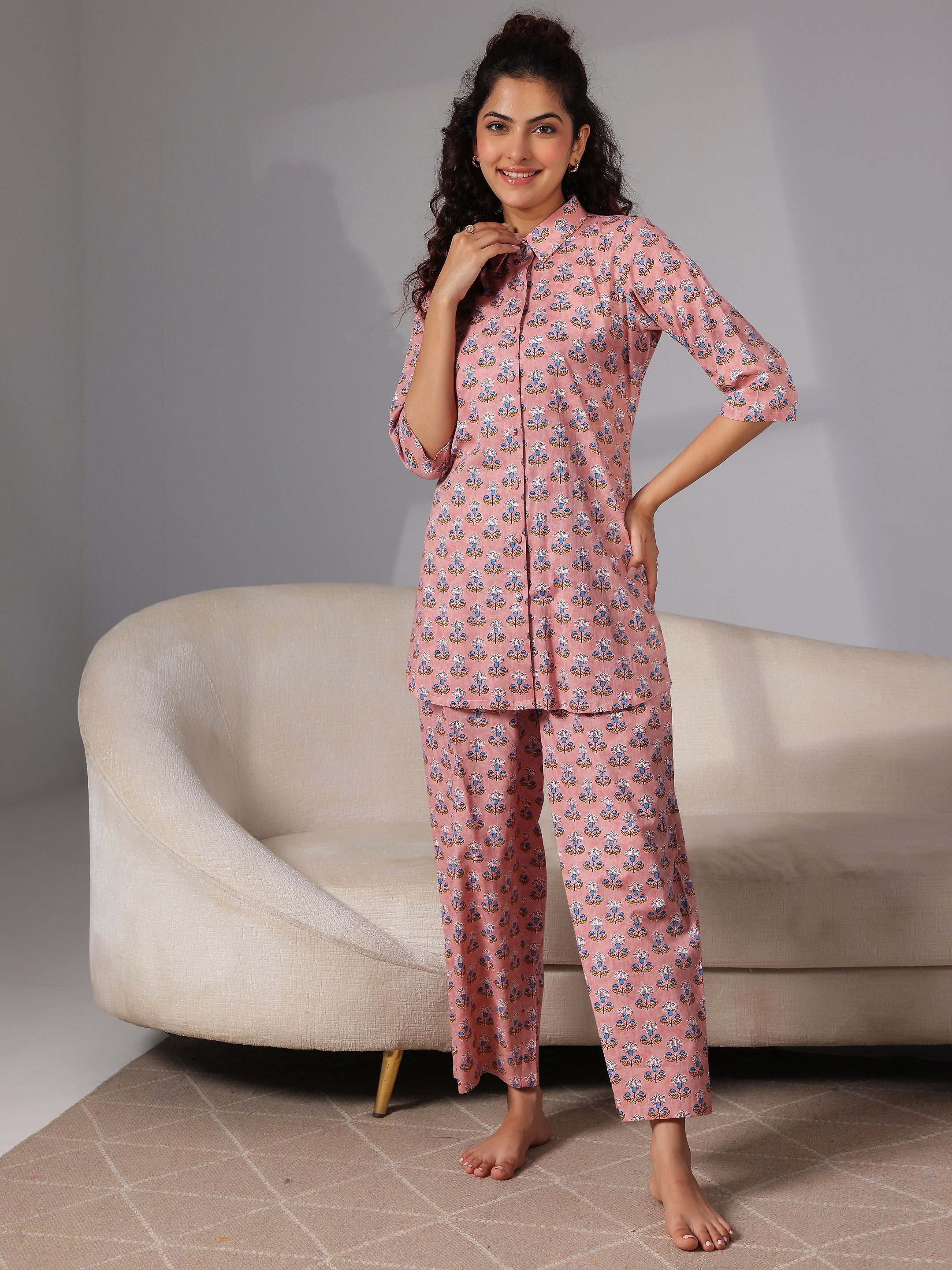 Peach Printed Cotton Night Suits