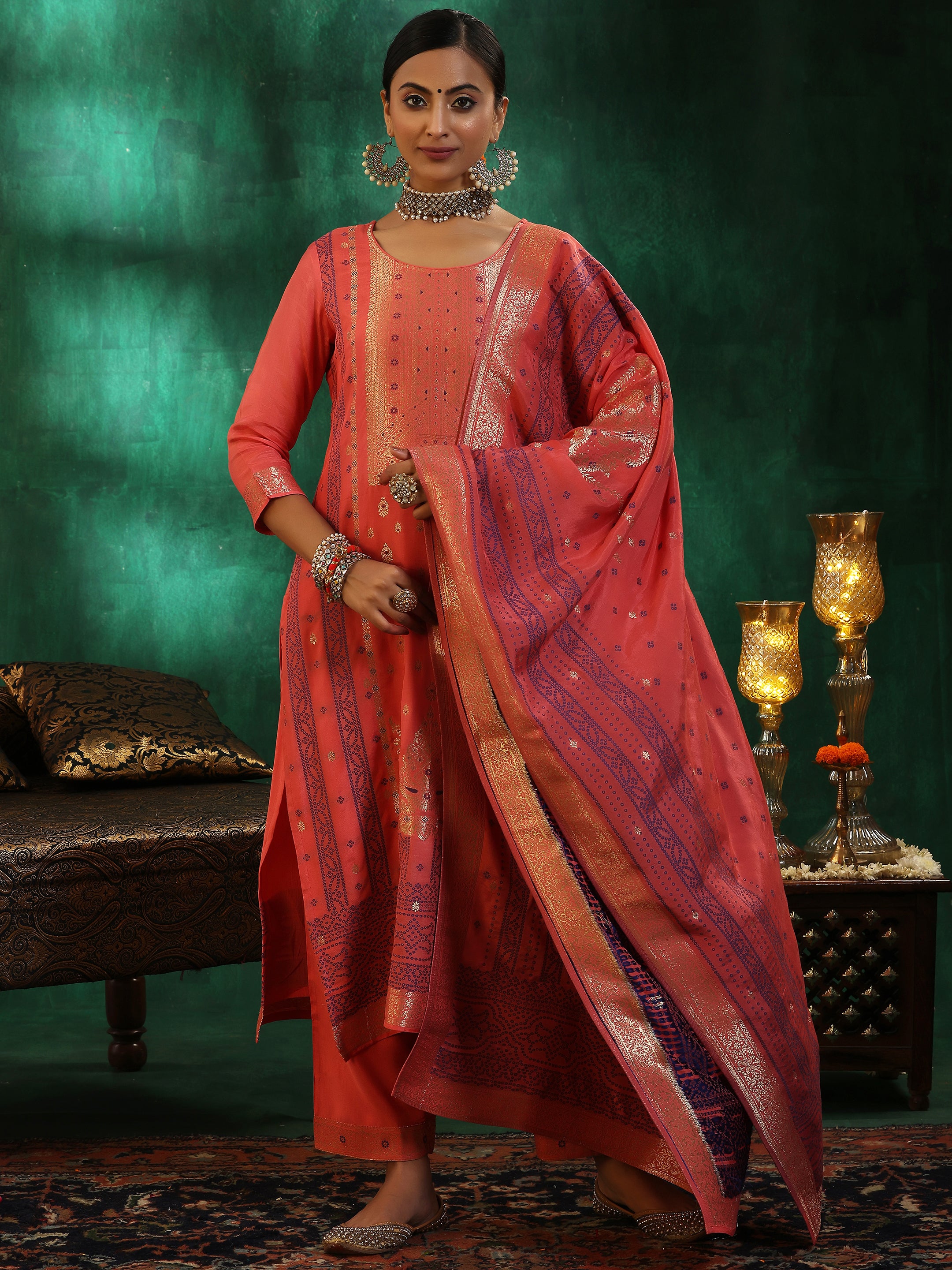 Peach Woven Design Silk Blend Straight Suit With Dupatta