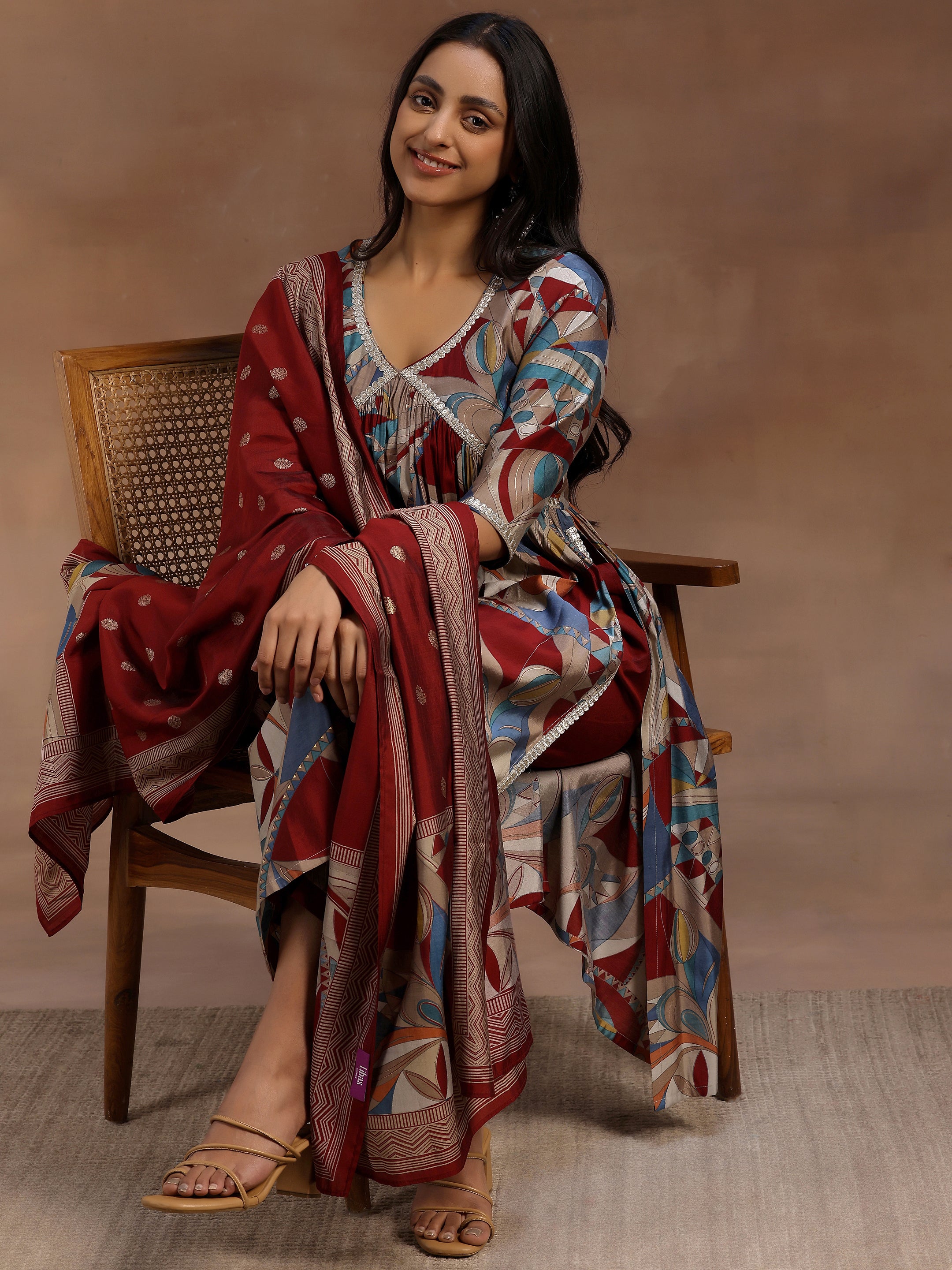 Maroon Printed Silk Blend A-Line Kurta With Trousers & Dupatta