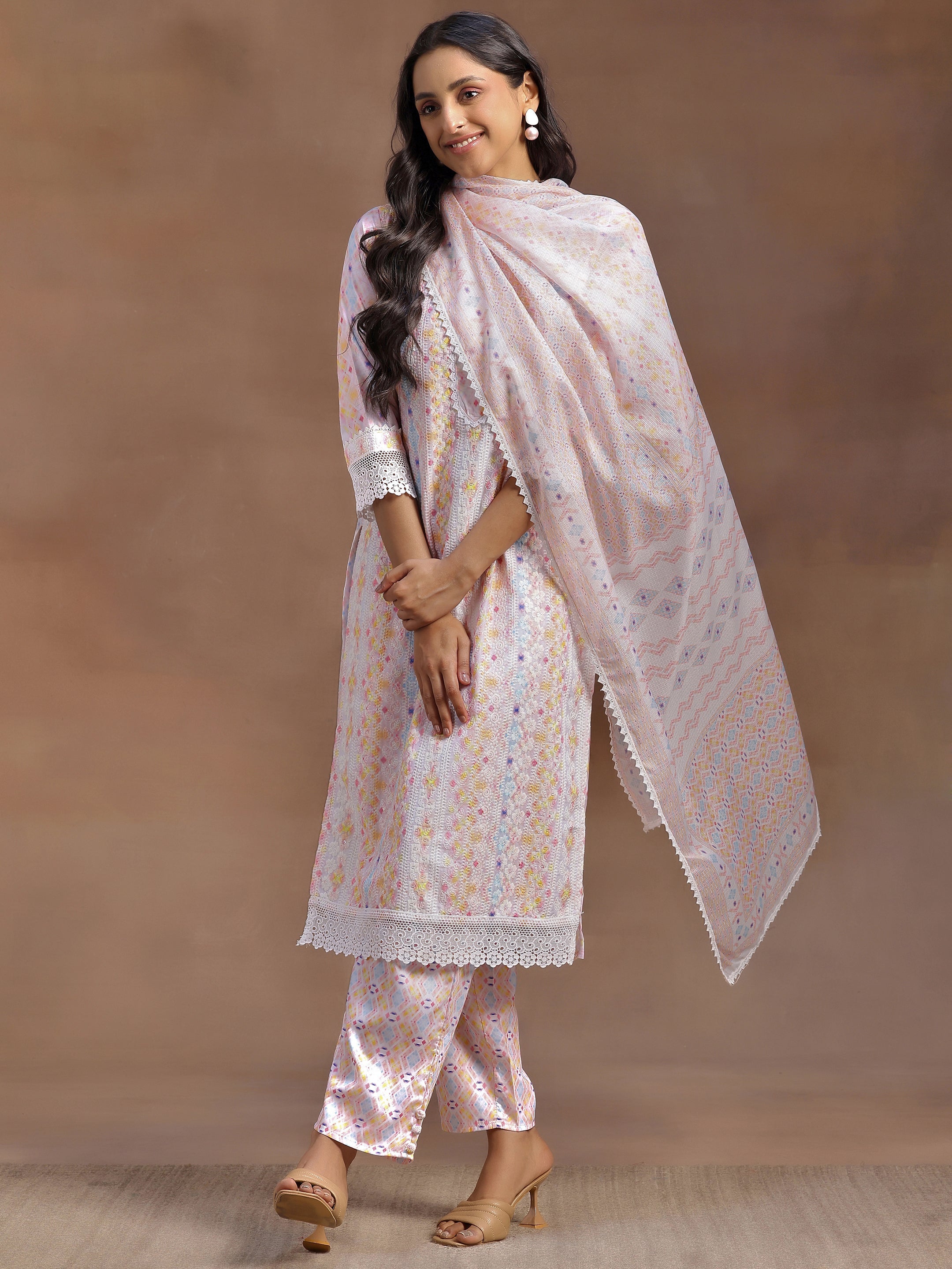 Peach Embroidered Cotton Blend Straight Suit With Dupatta