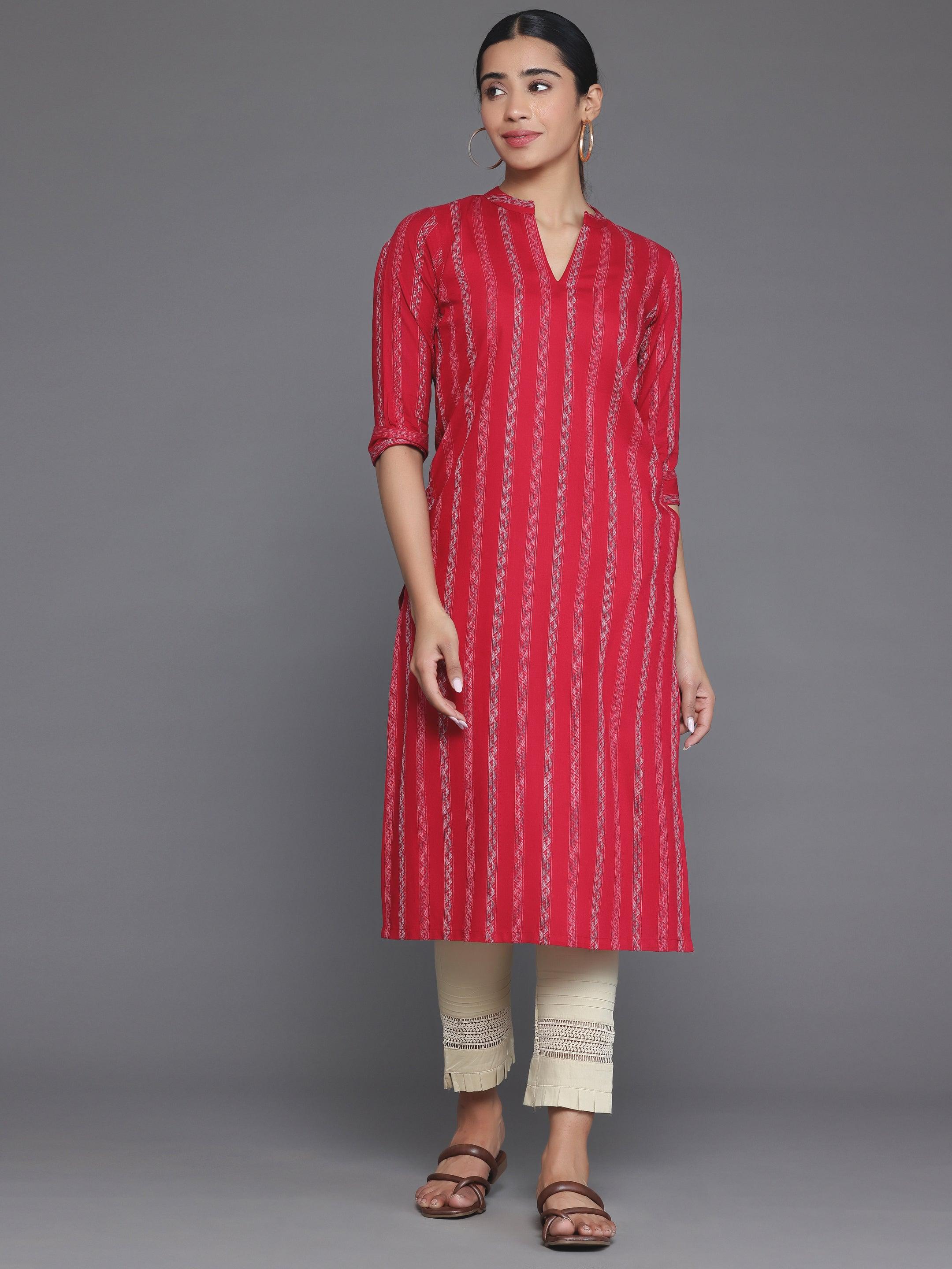 Red Striped Rayon Straight Kurta