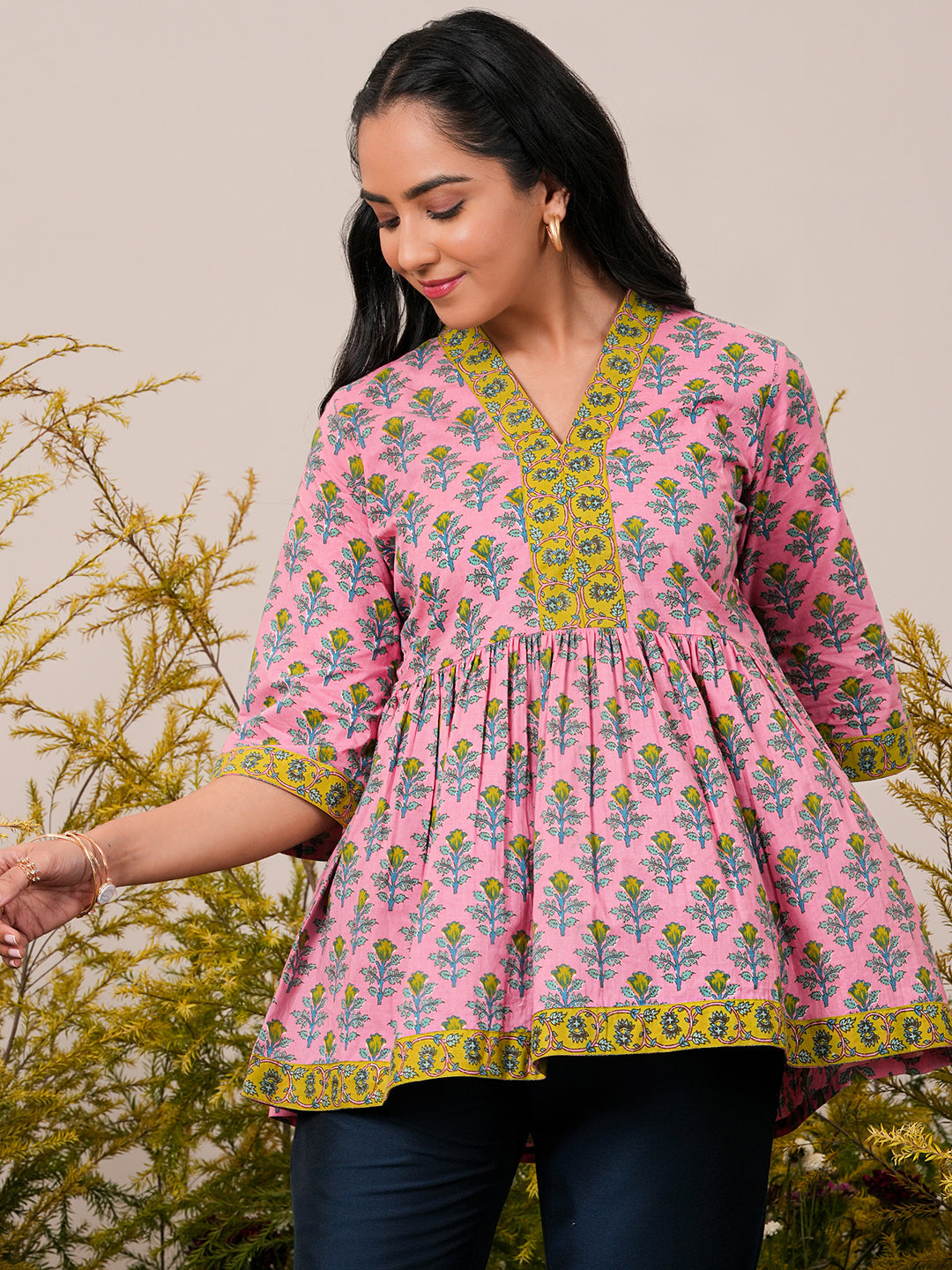 Pink Printed Cotton A-Line Kurti