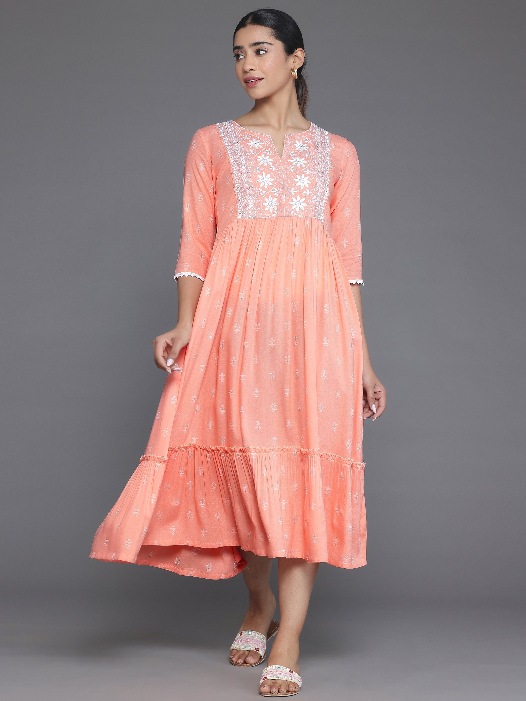 Peach Self Design Viscose Rayon A-Line Dress