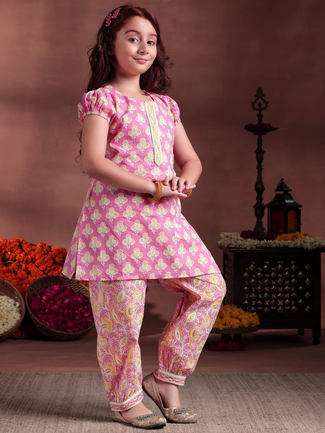 Kids Pink Printed Cotton Straight Suit With Dupatta