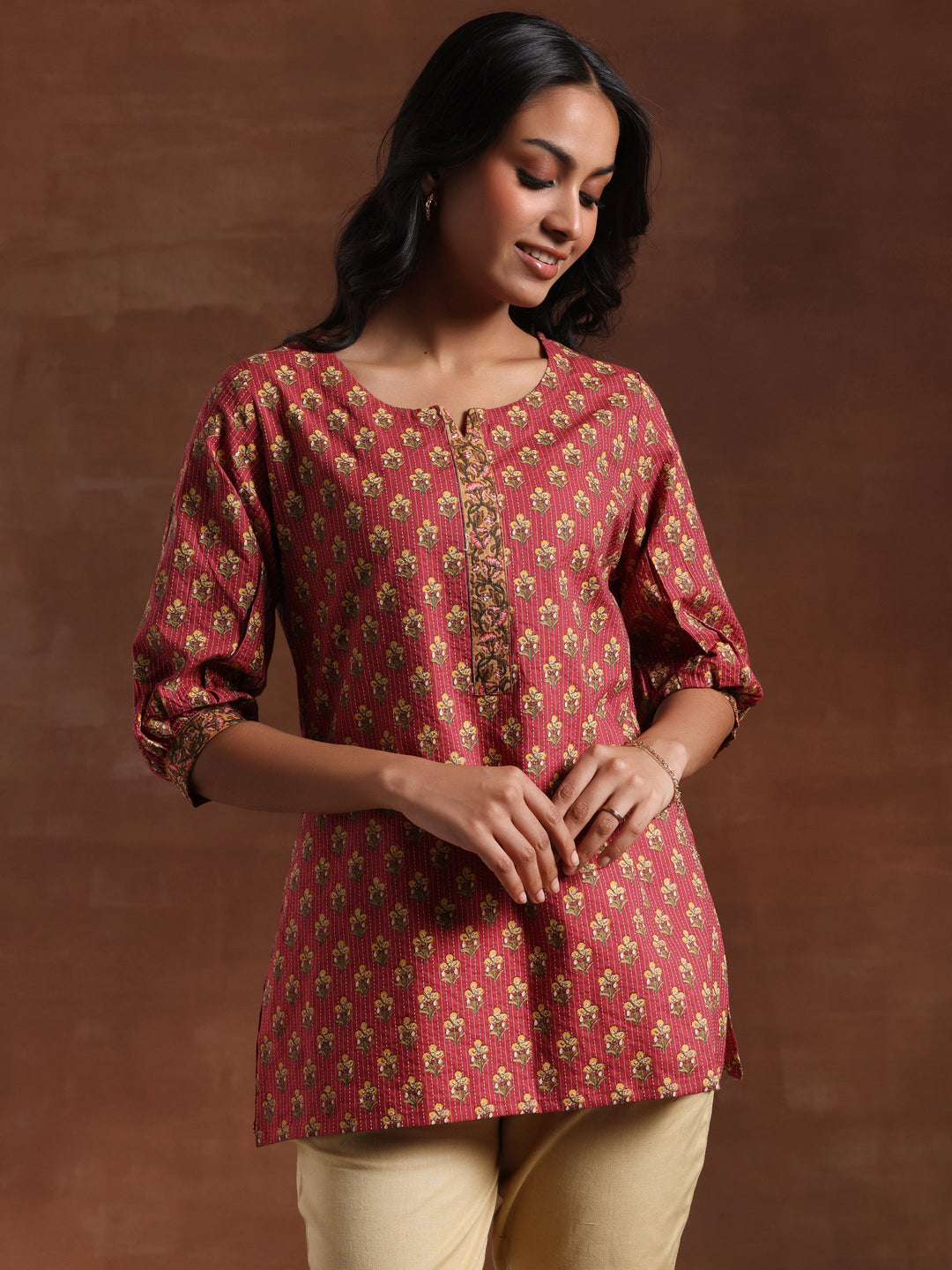 Pink Printed Cotton Straight Kurti