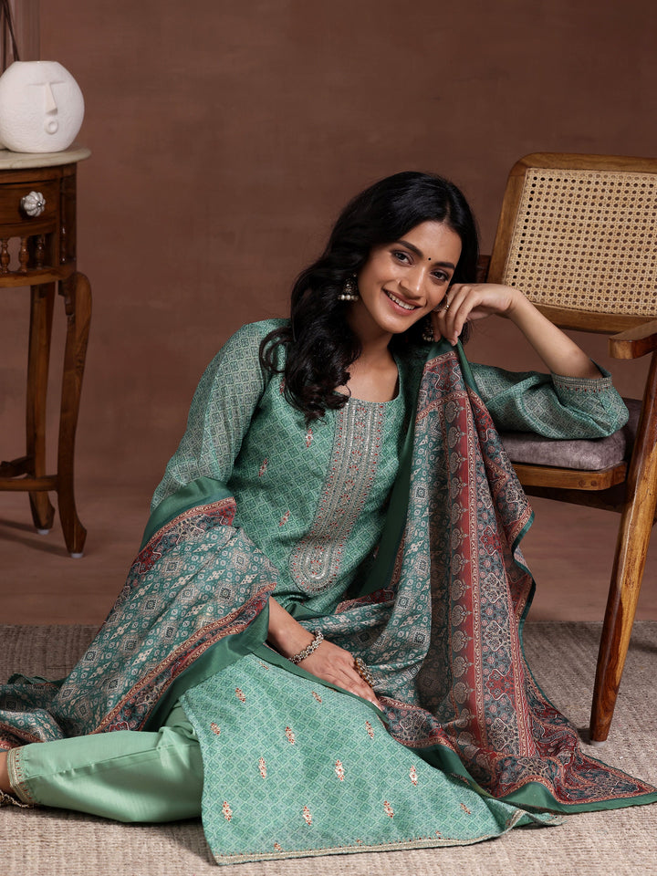 Green Printed Silk Blend Straight Suit With Dupatta