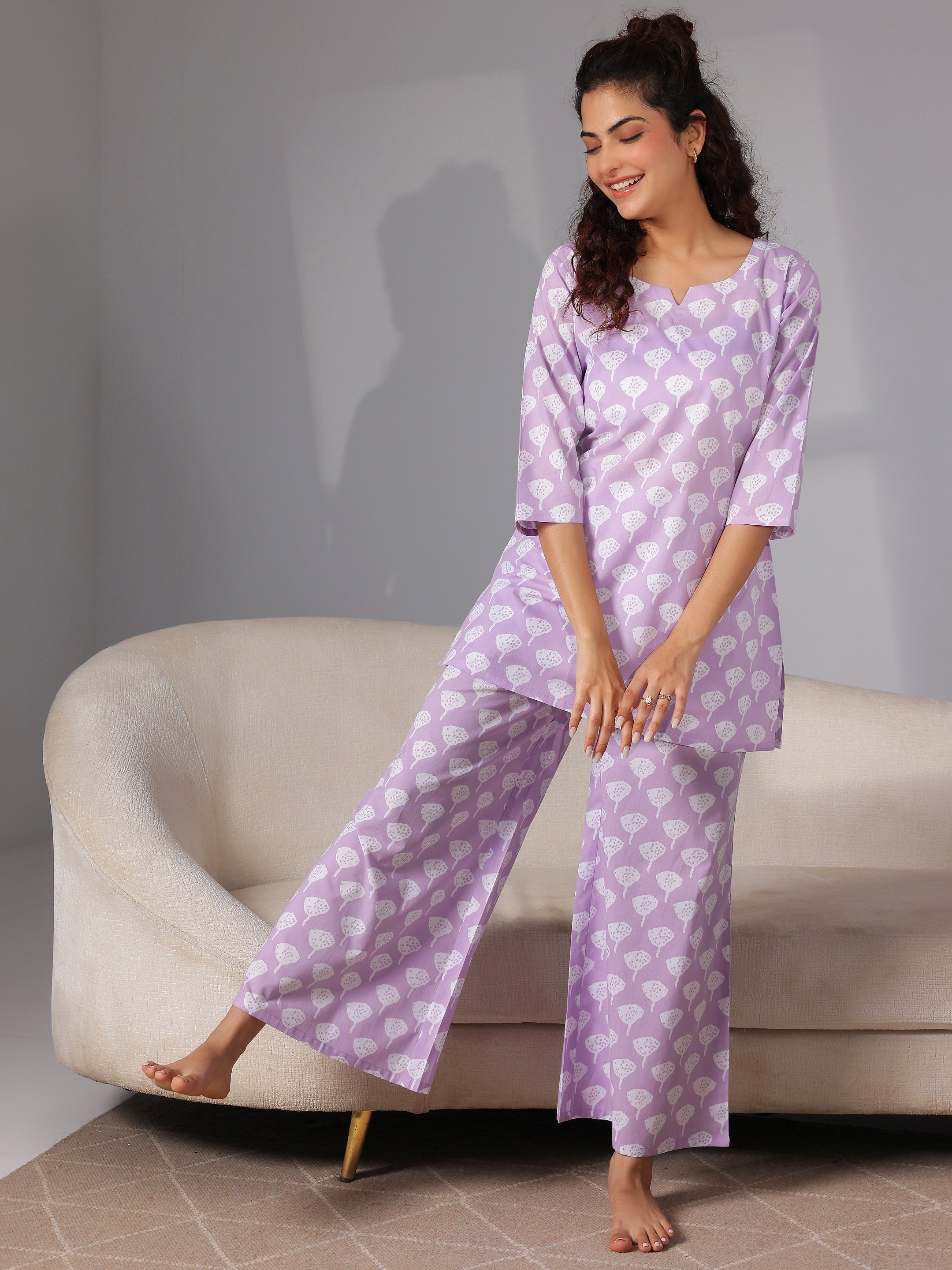 Lavender Printed Cotton Night Suits