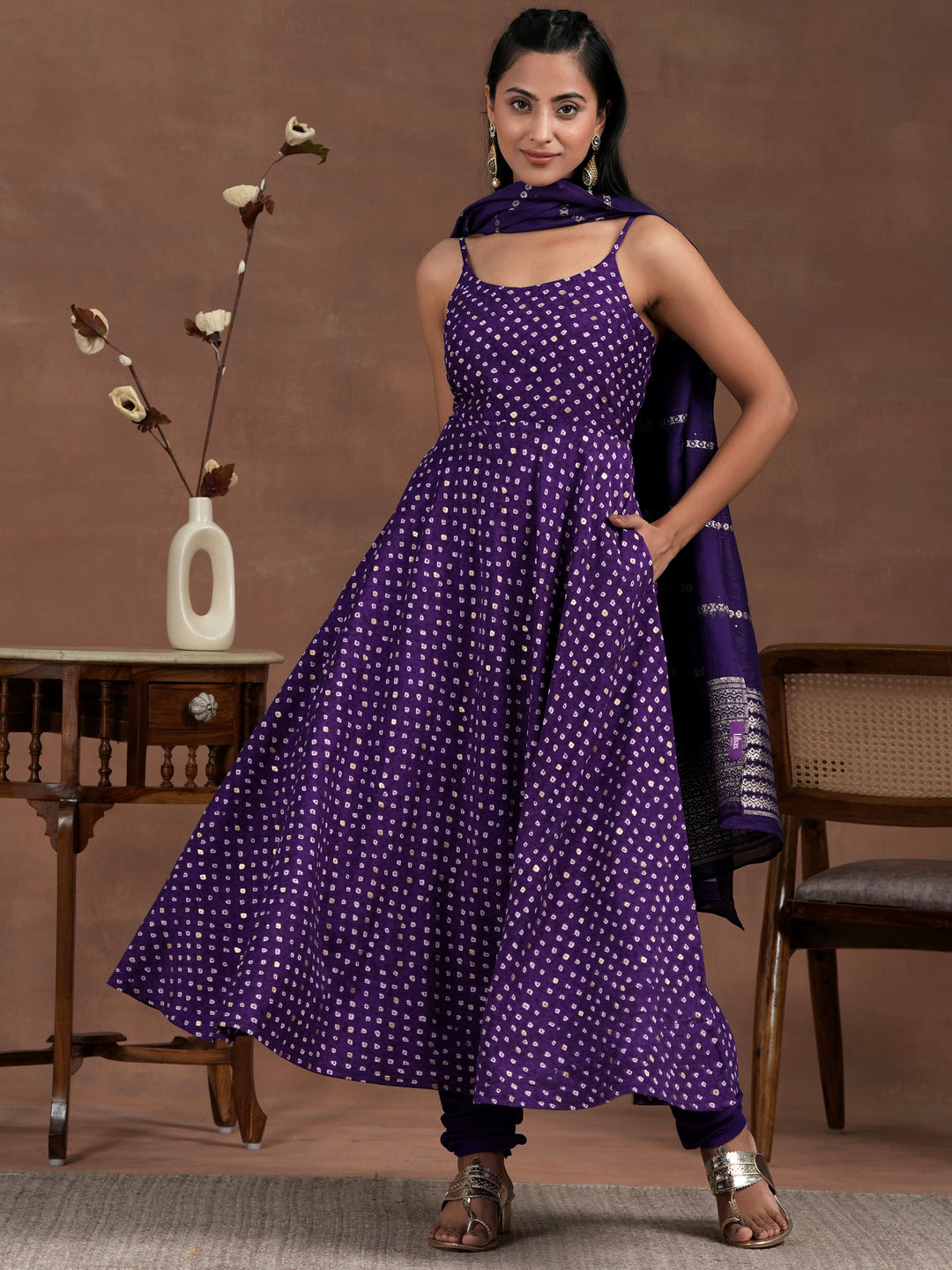 Purple Printed Silk Blend Anarkali Suit With Dupatta