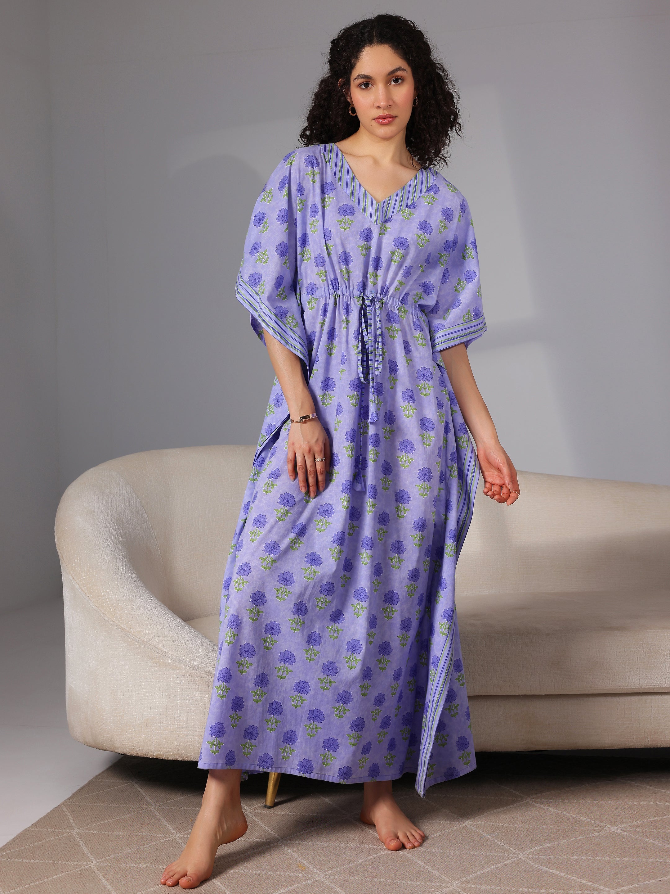 Purple Printed Cotton Kaftan Night Dress