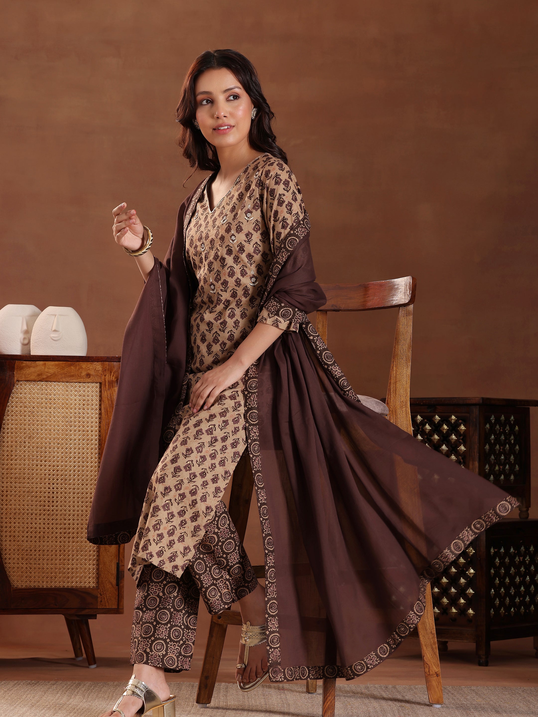 Brown Printed Cotton Straight Suit With Dupatta