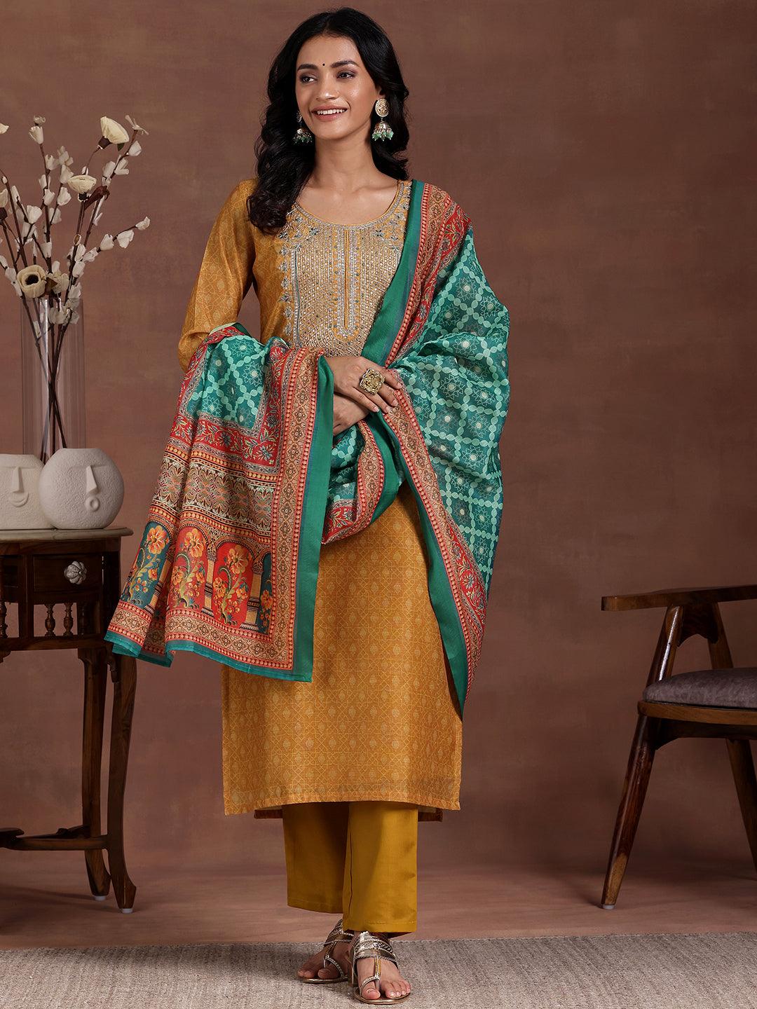 Mustard Printed Silk Blend Straight Suit With Dupatta