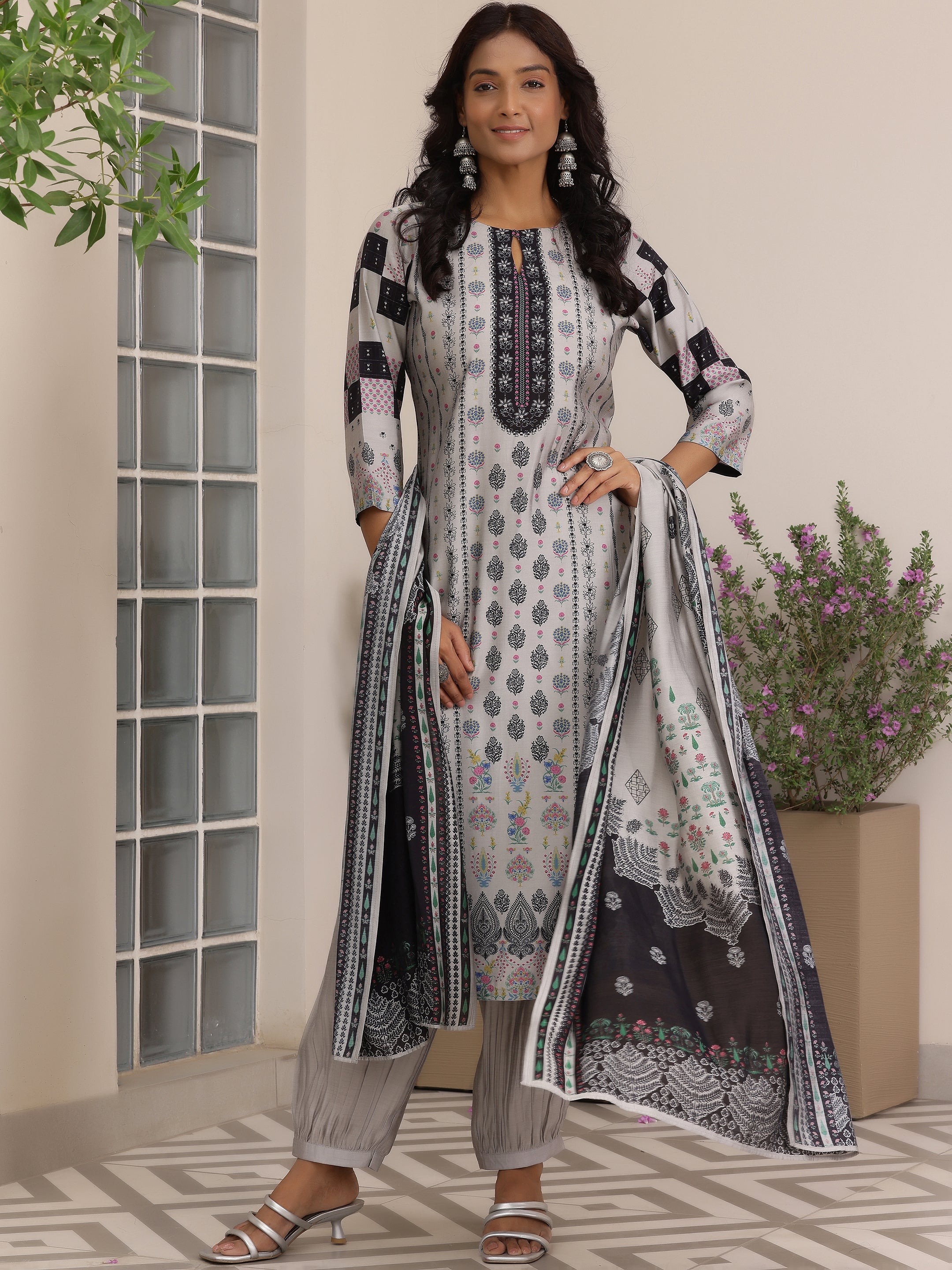 Grey Printed Silk Blend Straight Suit With Dupatta