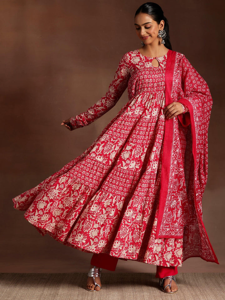 Chinar Pink Printed Cotton A-Line Kurta With Trousers & Dupatta - ShopLibas