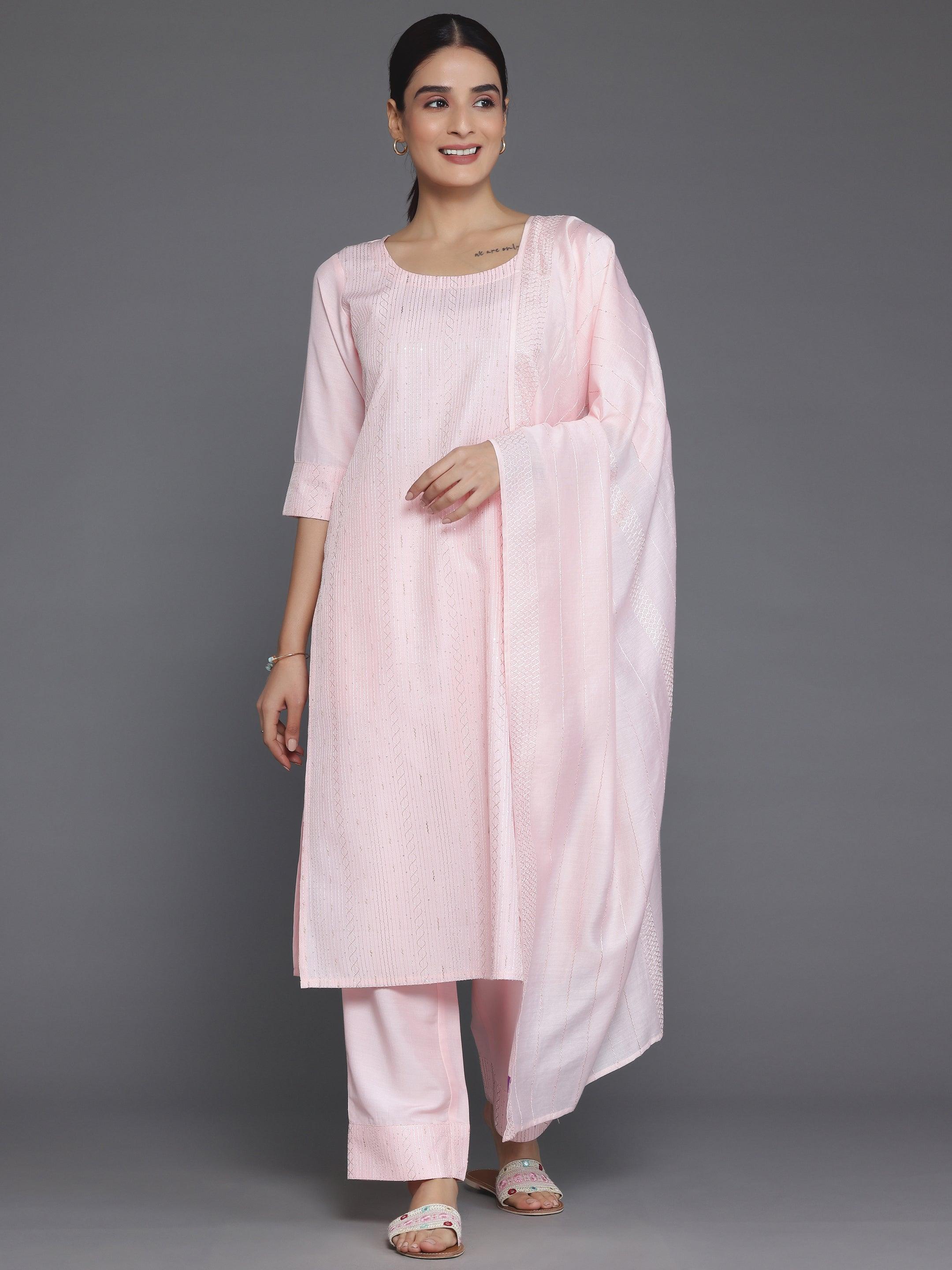 Peach Self Design Silk Blend Straight Suit With Dupatta