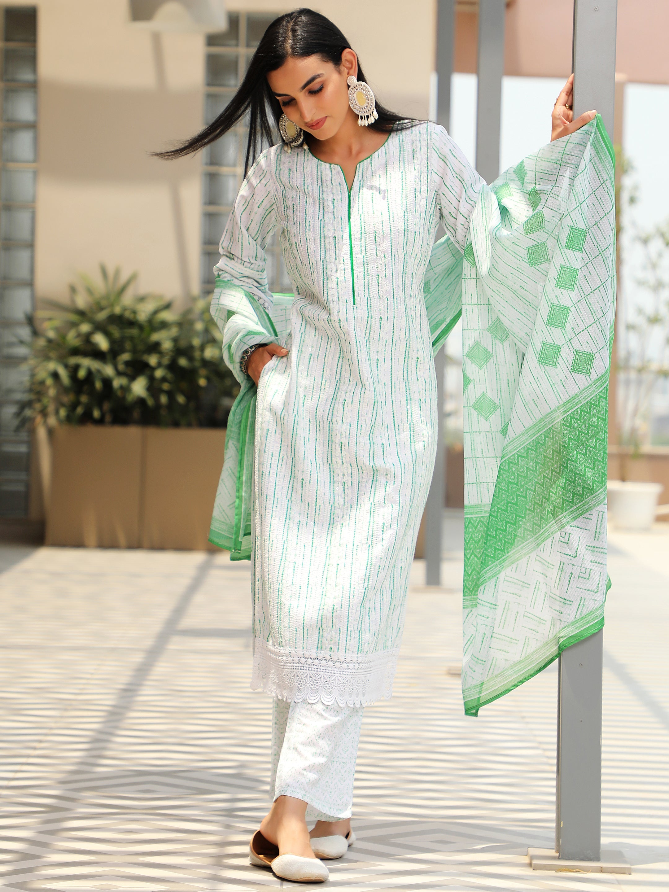 Off White Embroidered Cotton Blend Straight Suit With Dupatta