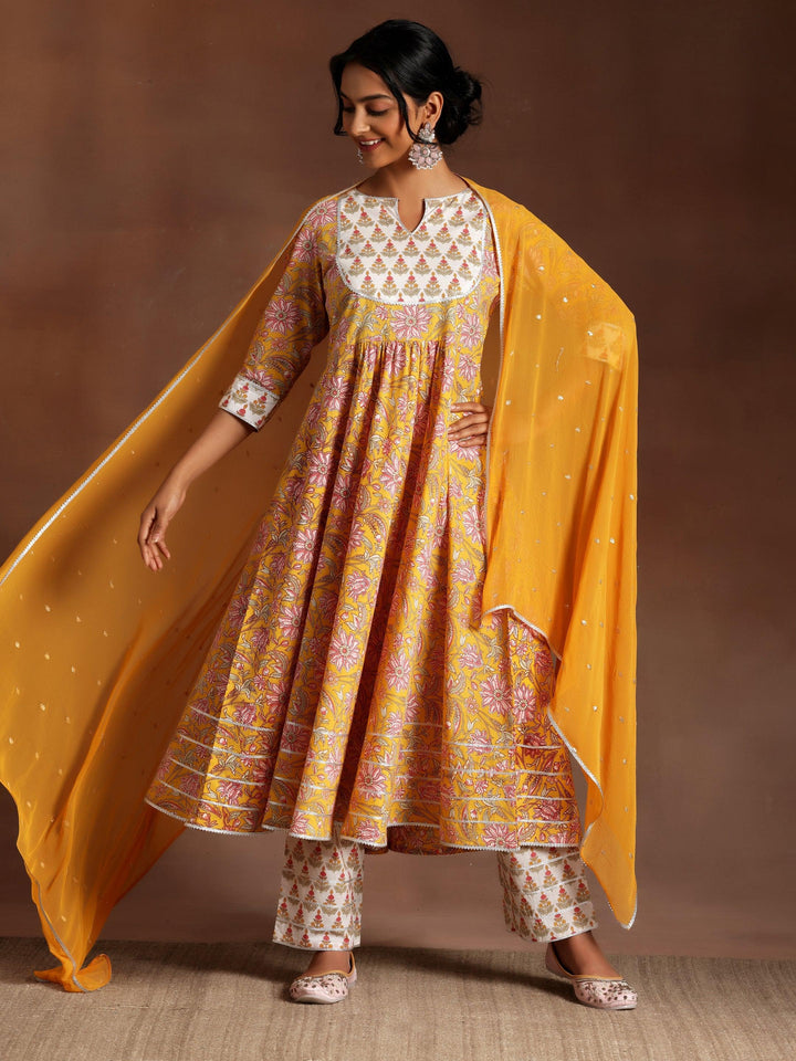 Yellow Printed Cotton Anarkali Kurta With Trousers & Dupatta - ShopLibas