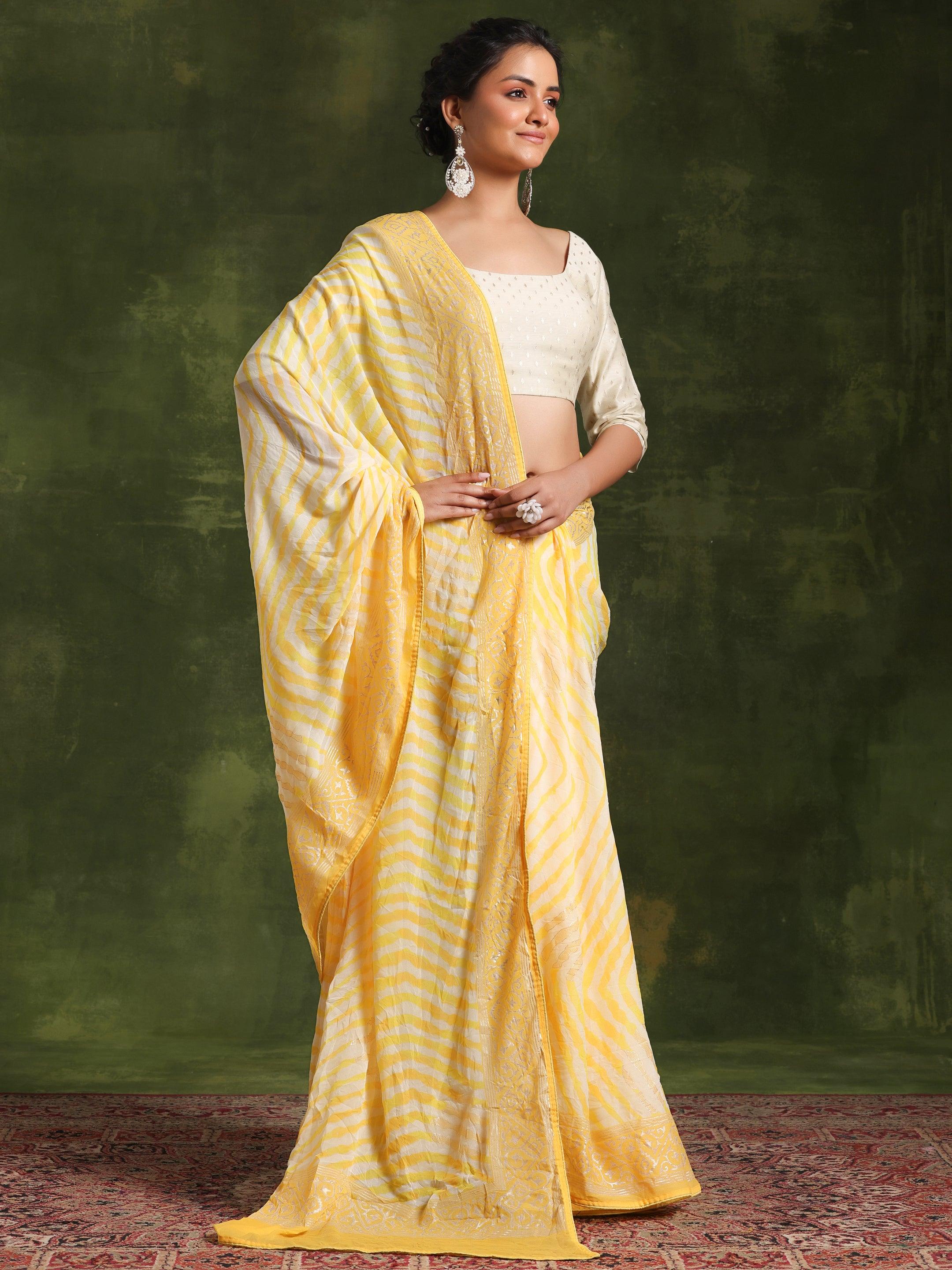 Yellow Printed Poly Georgette Saree With Unstitched Blouse Piece