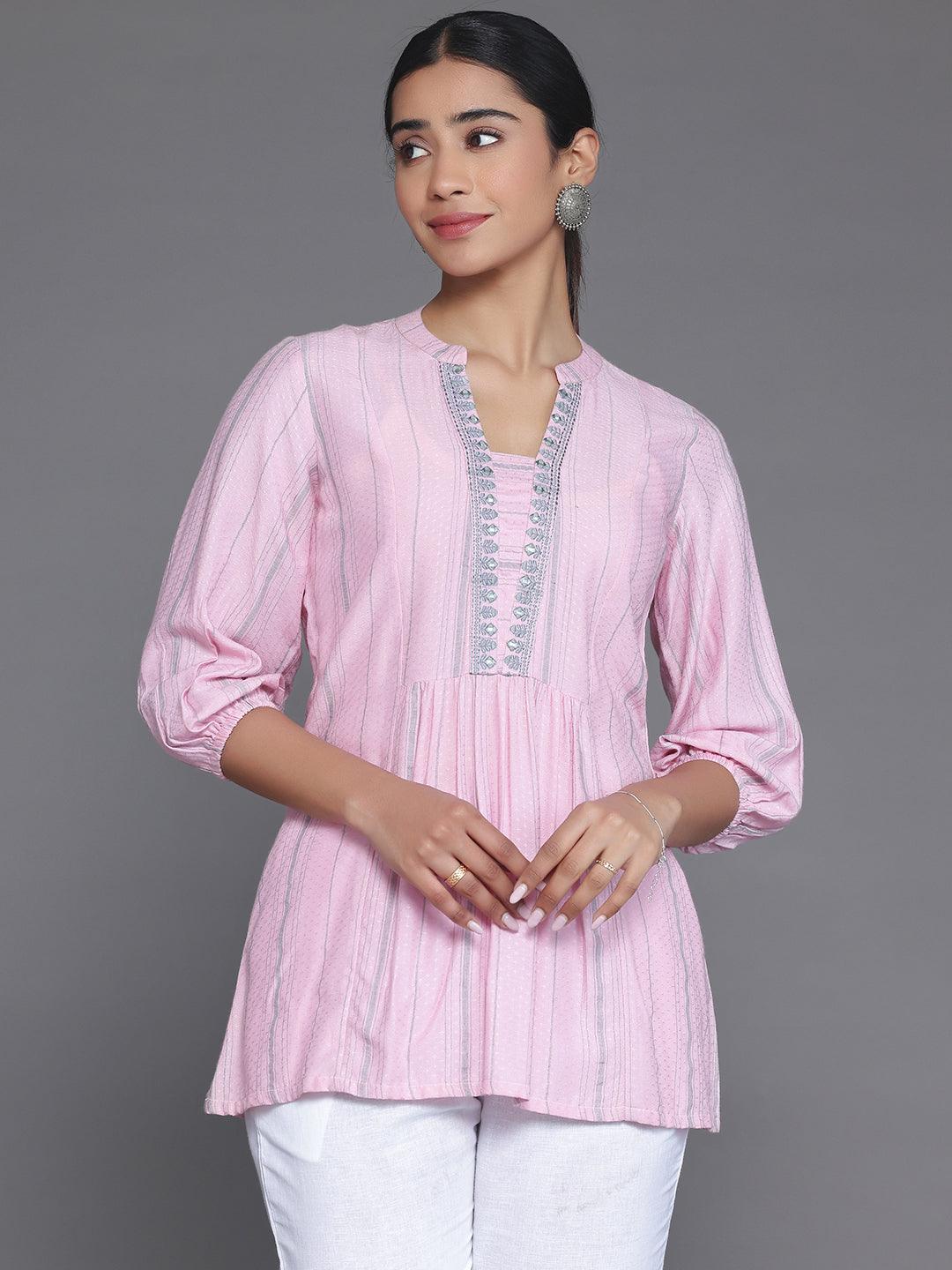 Pink Woven Design Cotton Blend Straight Kurti