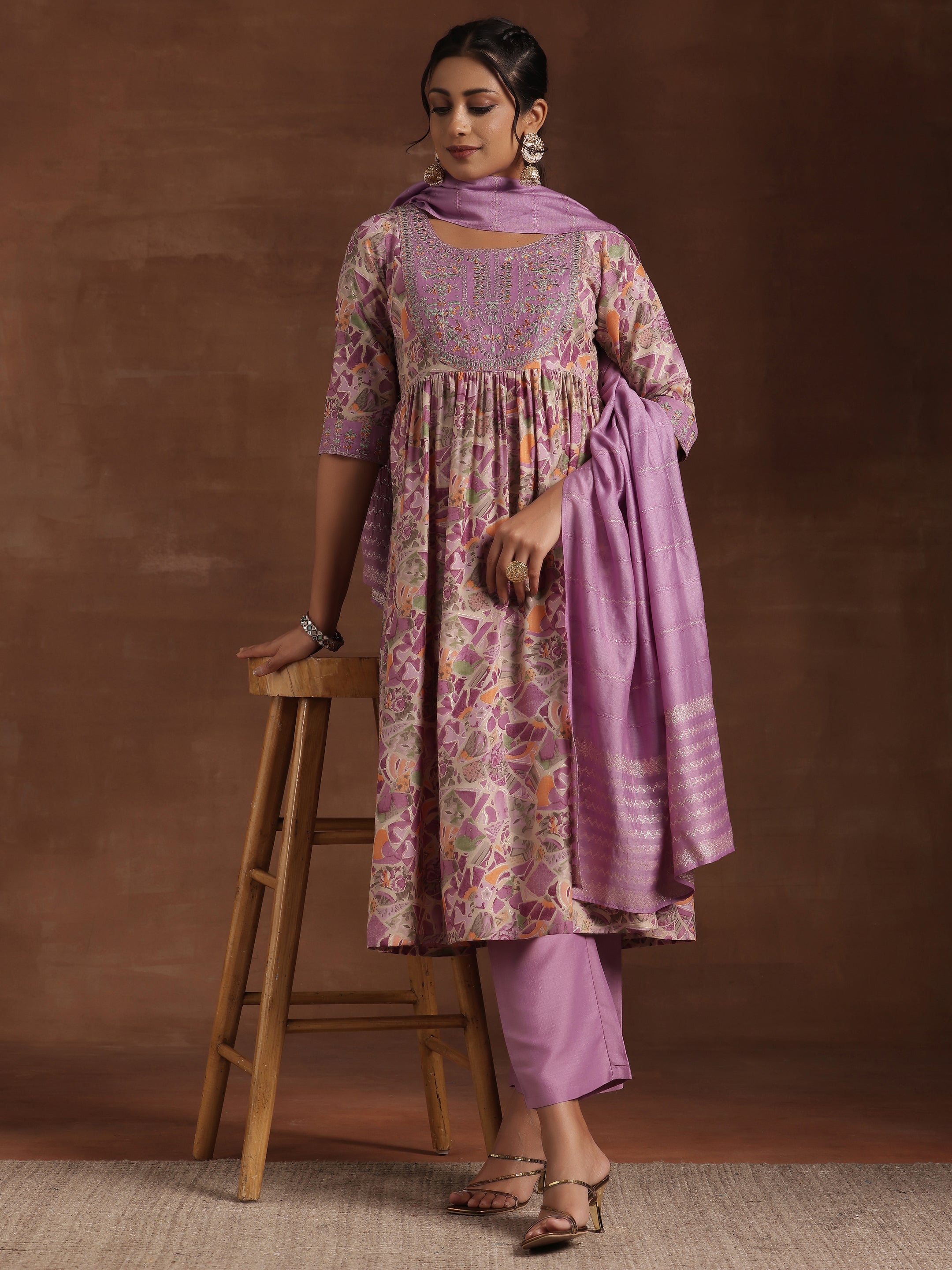 Purple Printed Silk Blend A-Line Kurta With Trousers & Dupatta